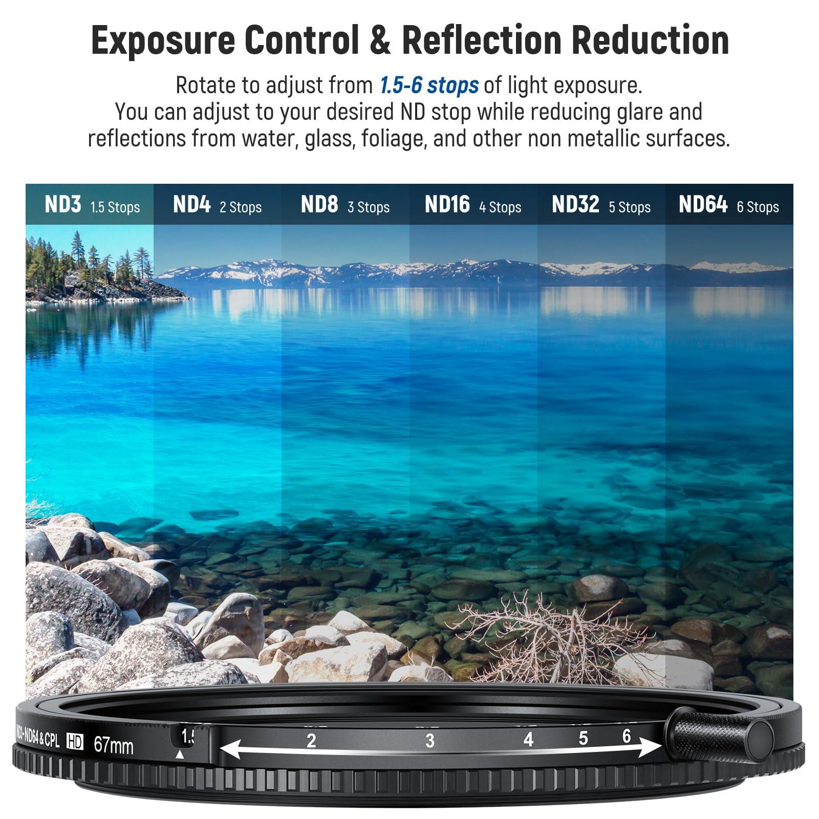 NEEWER NEEWER 67mm True Colors Variable ND&CPL Filter with Putter, ND3-64(1.5-6 Stops), 2 in 1 Adjustable Limited Neutral Density & CPL Filter, Multi Coated HD Optical Glass/Aluminum Frame/Scratch Resistant