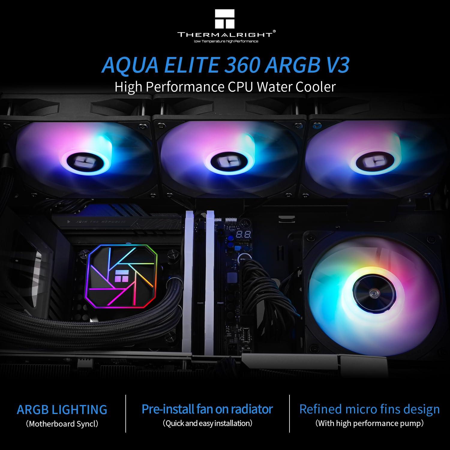 Thermalright Thermalright Aqua Elite 360 V3 Liquid CPU Cooler, 360 Cooling Row Size, 3 x 120mm PWM Fans, S-FDB Bearings,for AM4/AM5, Intel LGA1150/1151/1155/1156/1200/2011/1700/1851,Desktop CPU Cooler AIO