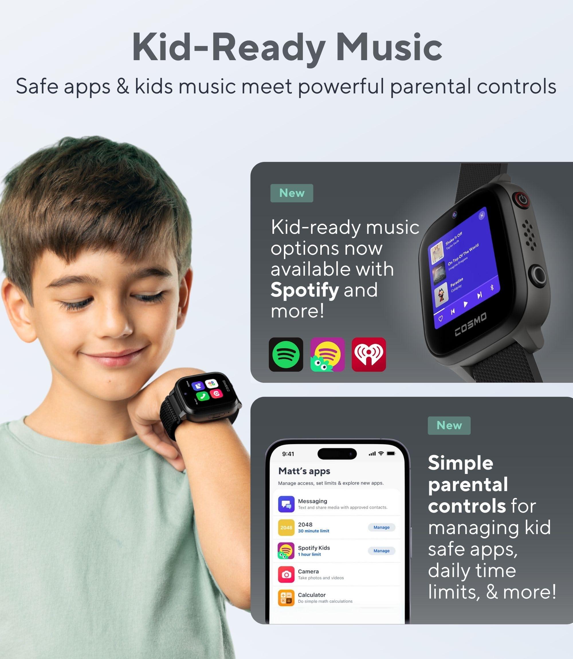 JrTrack JrTrack 4 Kids Smart Watch by Cosmo | Phone Watch & GPS Tracker | Enhanced Parental Controls | Call, Text, Activity, School Lock | Spotify Music | SIM Card Included | SOS & Safety Alerts | (Black)