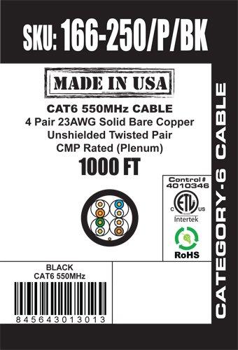 VC VERTICAL CABLE Vertical Cable CAT6, 550 MHz, UTP, 23AWG, 8C Solid Bare Copper, Plenum, 1000ft, Bulk Ethernet Cable - Made in USA, Black