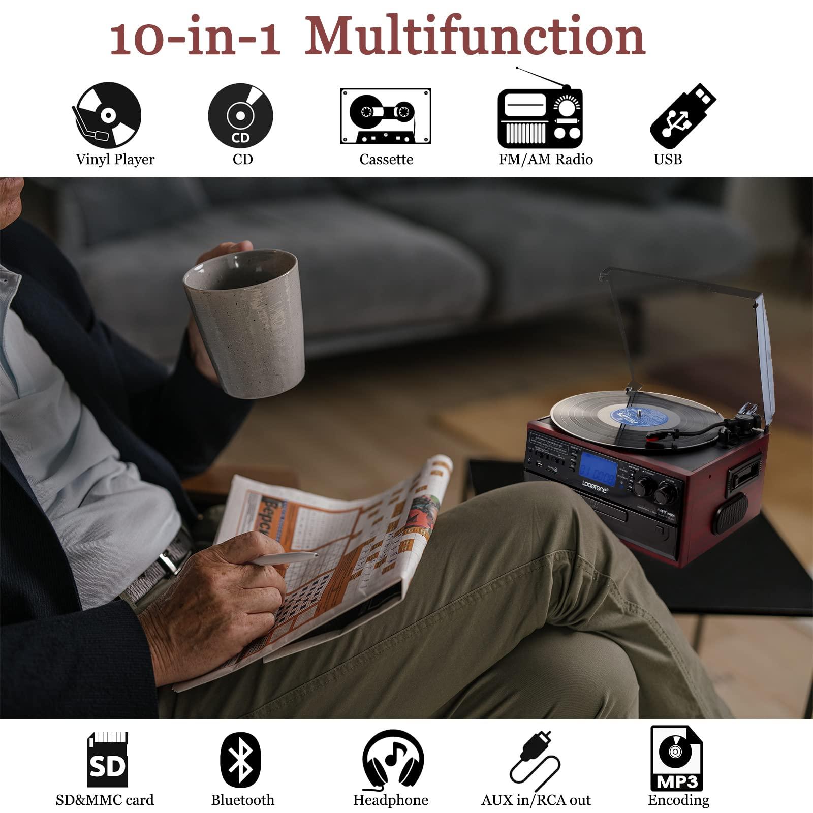 LoopTone LoopTone 10 in 1 Bluetooth in/Out Record Player 3 Speed Vinyl Vintage Turntable CD Player Cassette AM/FM Radio 2 Built in Speaker USB/SD Recorder Aux-in RCA Line-Out