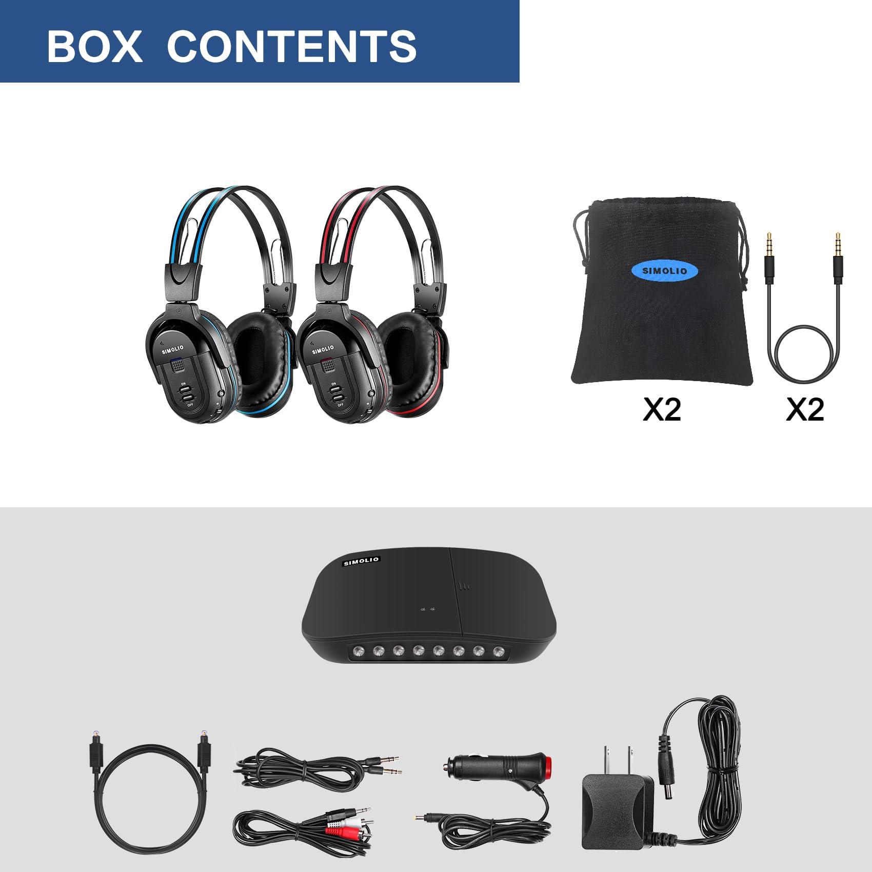 SIMOLIO SIMOLIO Dual Wireless Headphones for TV with Transmitter, 2 Channel IR TV Headphones for Home Theater/Outdoor Movie/Car DVD, Tone Control & Optical/RCA/AUX Support, Plug N Play, No Audio Delay