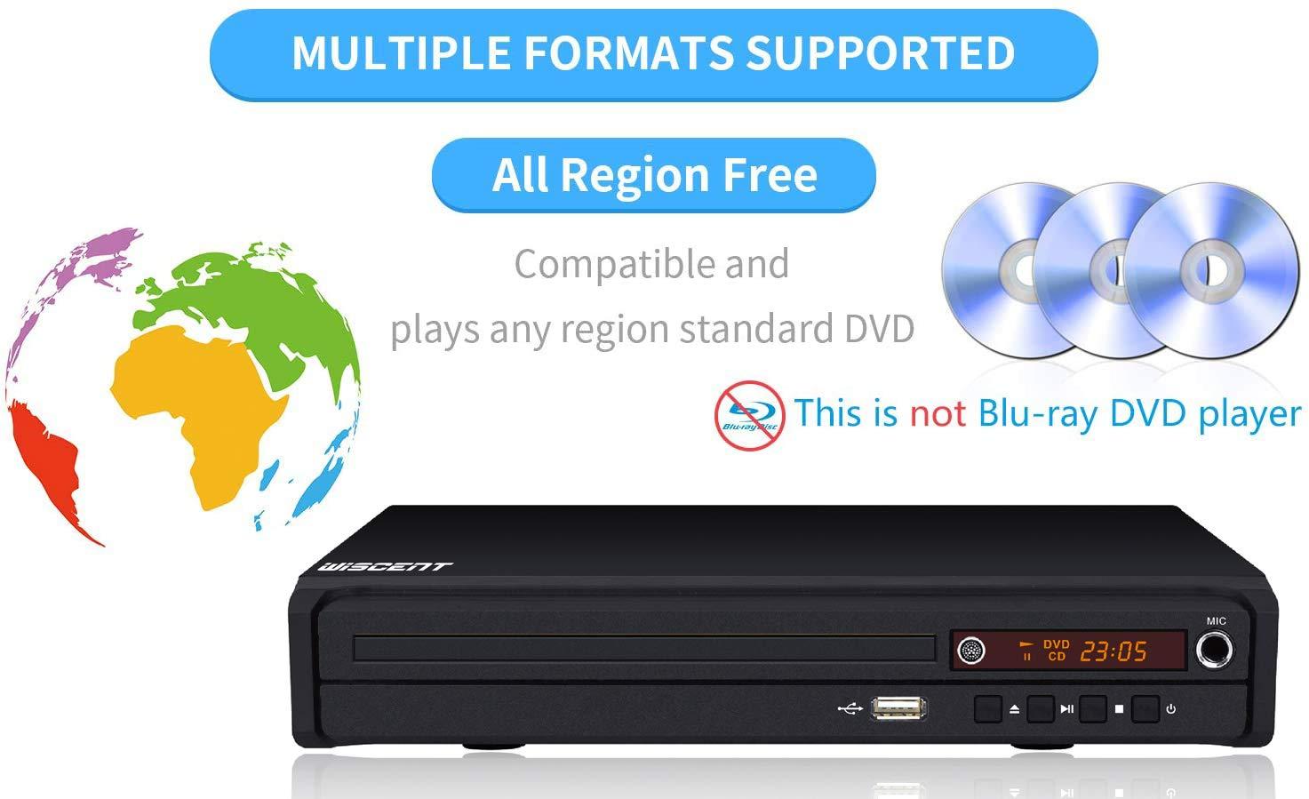 WISCENT Compact DVD Player for TV, HDMI DVD Player,Multi-Region Free, with HDMI/AV/USB/MIC,Full HD Picture Quality,Anti-Skip,No Picture Freeze,Noise Cancellation(not Blu-ray DVD Player)