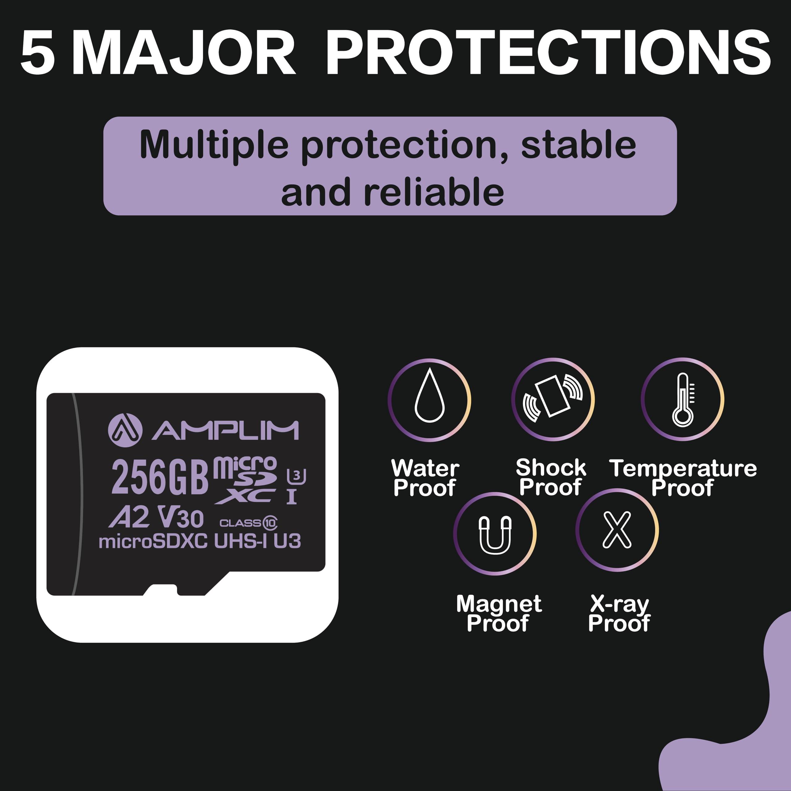 Amplim Amplim Micro SD Card 256GB | MicroSD Memory Plus Adapter | Extreme High Speed 170MB/S A2 MicroSDXC U3 Class 10 V30 UHS-I for Nintendo, GoPro Hero, Surface, Phone, Camera Cam, Tablet