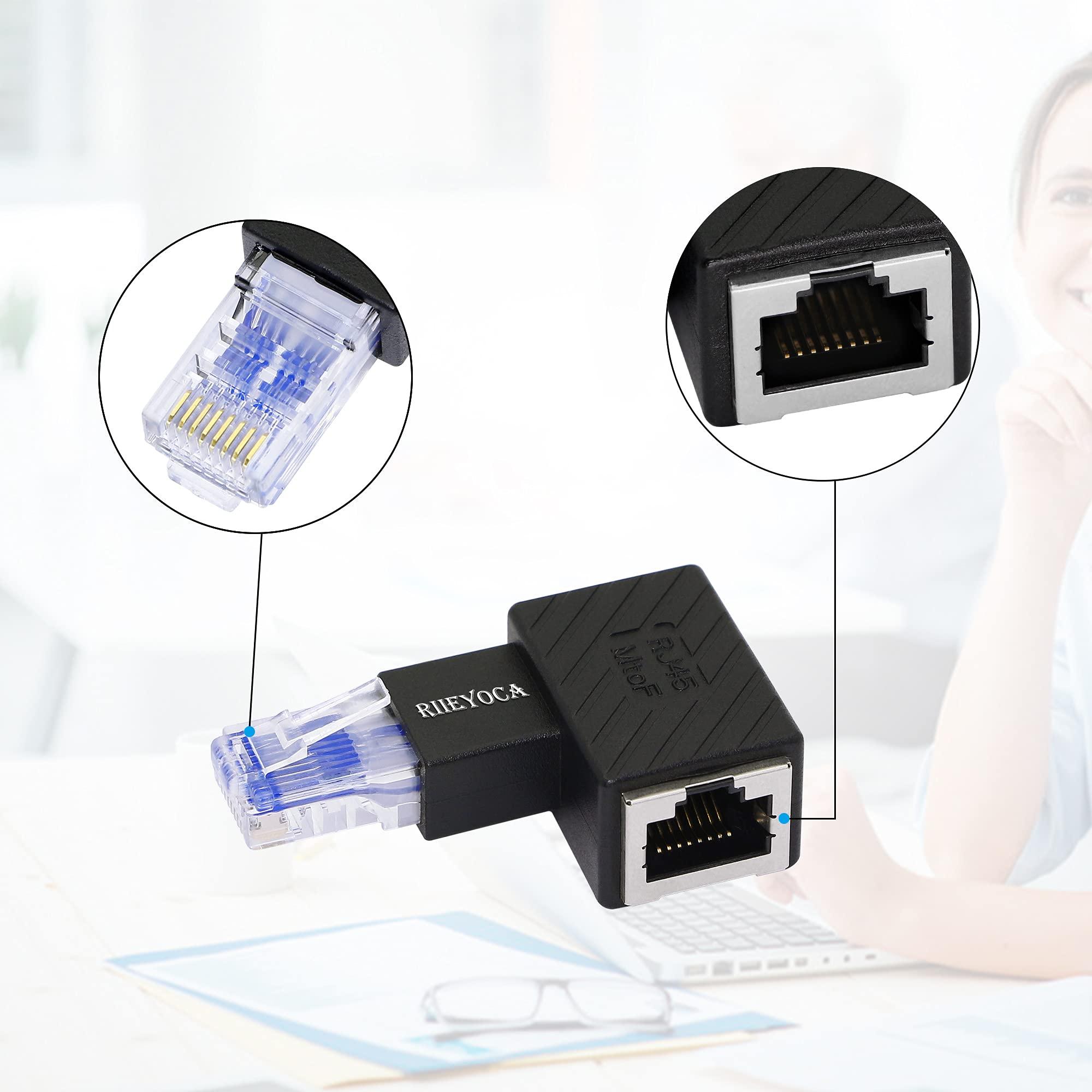RIIEYOCA RIIEYOCA 90 Degree Ethernet Adapter,Right Angle RJ45 Male to Female Extension Cat6 LAN Network Connector,for Computers, Laptops, Routers(2-Pack)