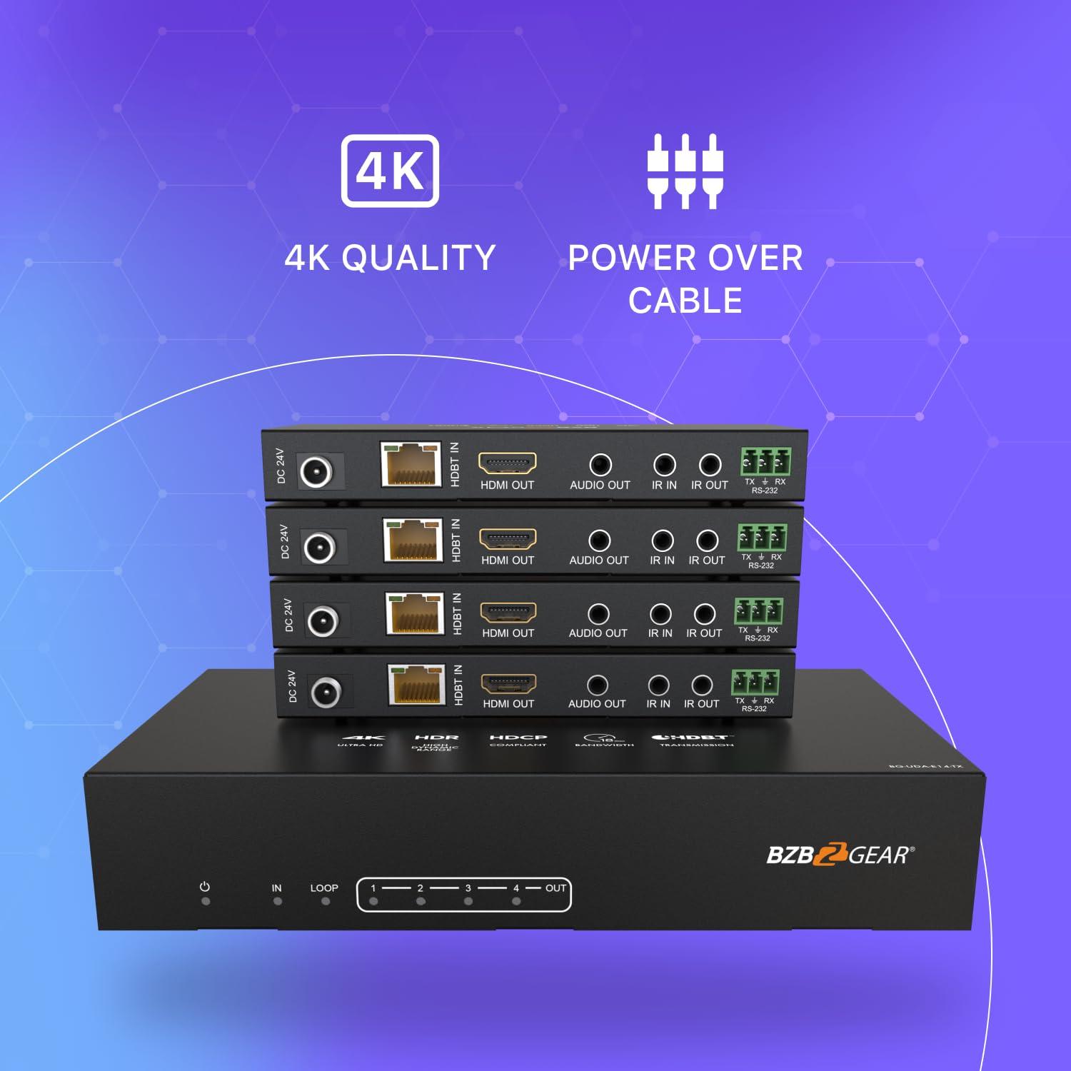BZB GEAR BZBGEAR 1x4 4K UHD HDMI HDBaset Splitter/Distribution Amplifier Over Category Cable (Kit, Includes 4X RX) - BG-UDA-E14