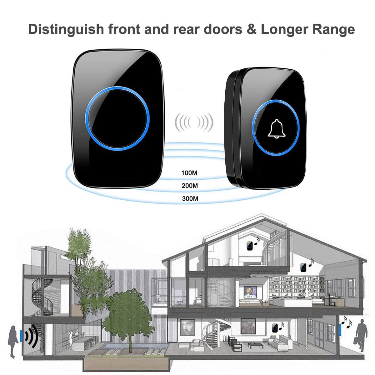 Full House Wireless Doorbell, FullHouse Waterproof Door Bell Kit, Distinguish Front and Rear Doors, Over 1000 feet Range and 60 Chime, 5 Levels Volume and LED Flash, for Home Office Classroom