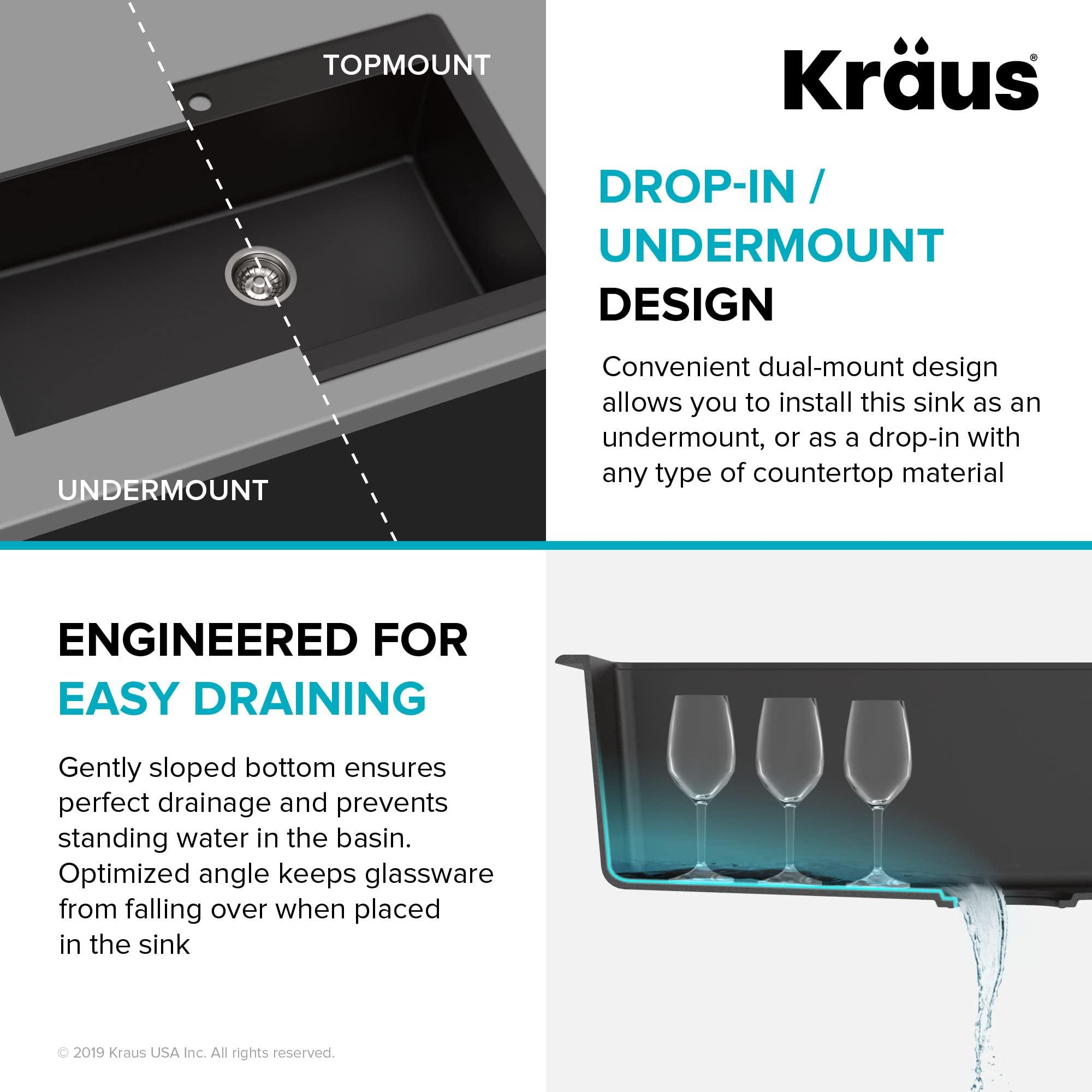 Kraus KRAUS Quarza 31-inch Drop-In/Undermount Single Bowl Granite Kitchen Sink in Black Onyx, KGD-412B