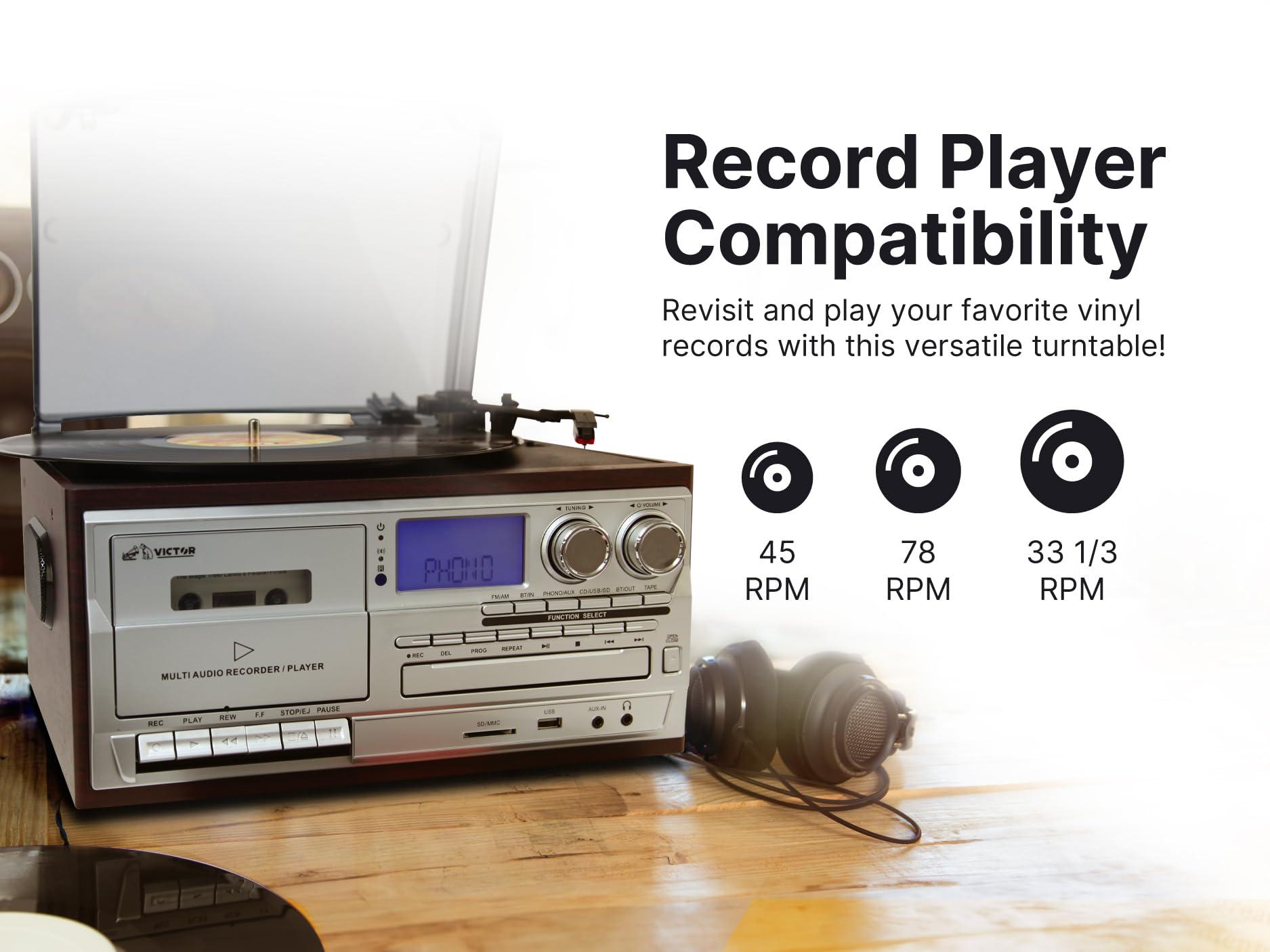 VICTOR Victor VWRP-4200 Cosmopolitan 8-in-1 Turntable Music Center with 3-Speed Record Player, CD/MP3/Cassette Player, AM/FM Radio, Dual Bluetooth in & Out, USB Playback & Recording