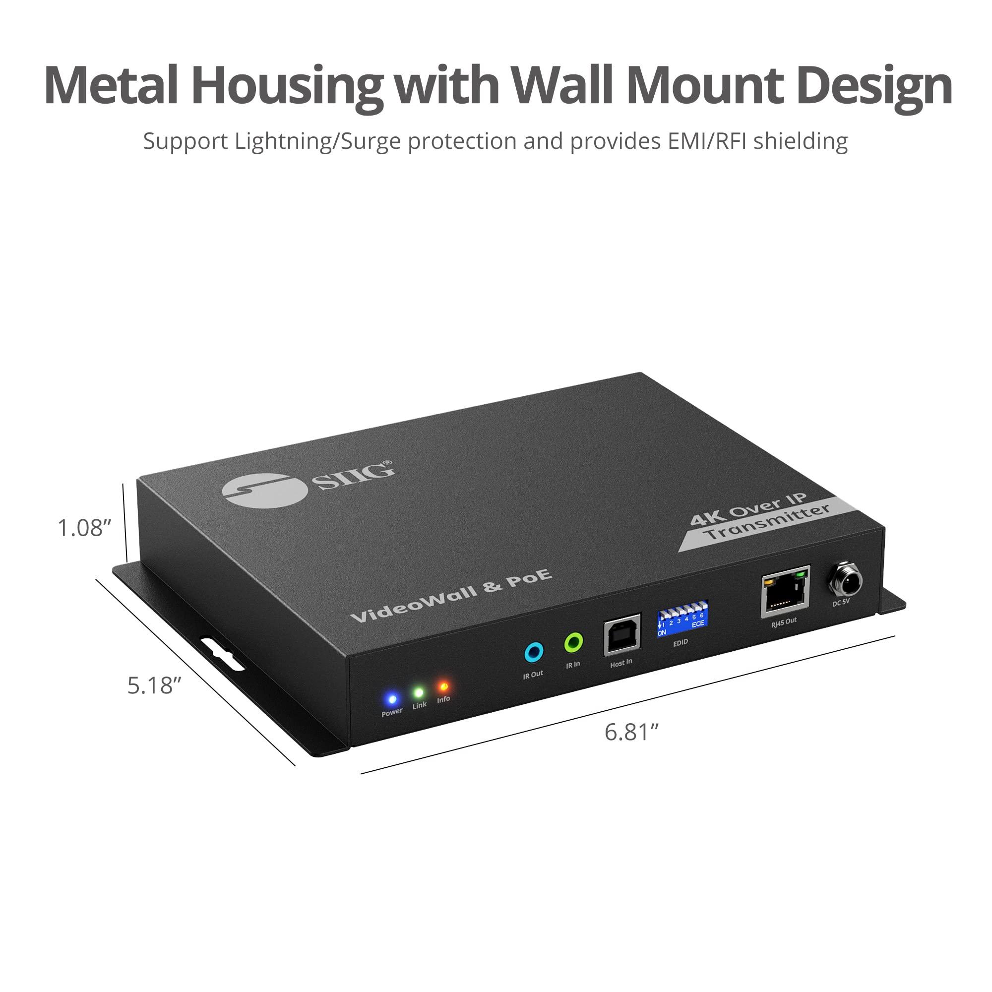 SIIG SIIG 4K HDMI Over IP Matrix Switch Transmitter Only, 4K 60Hz, USB KVM Extender, Video Wall Control, Scalable for Multiple Video Sources and Displays, IR Passthrough, PoE, TAA Compliant (CE-H27F11-S1)