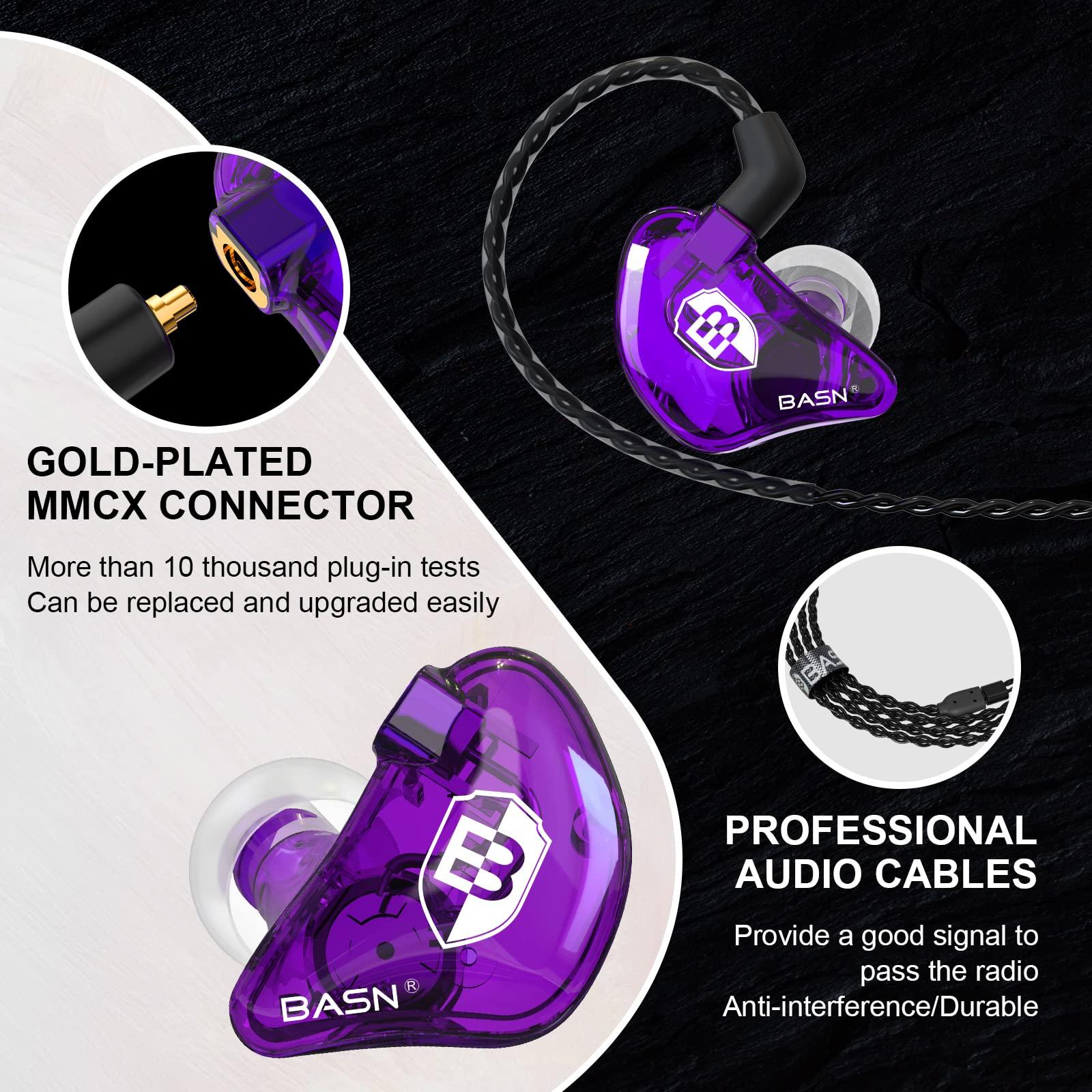 BASN BASN in Ear Monitor Headphones for Musicians Audiophiles Drummers, Bsinger Pro Noise Isolating Earbuds with Dual Driver Dynamic Crystal Clear Sound (Pro Clear Purple)