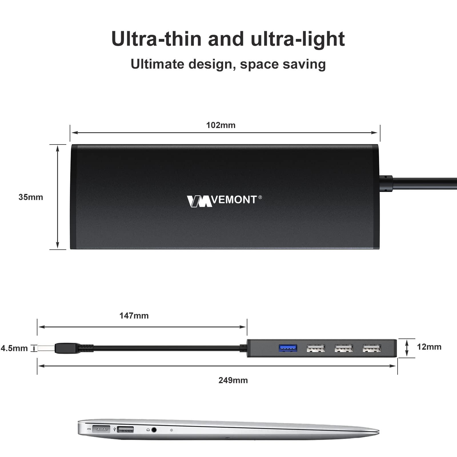 VEMONT USB Hub,VEMONT 4-Port USB 3.0/2.0 HUB,Ultra Slim Portable High-Speed USB Splitter Applicable for PC Laptop, Desktop, Notebook, MacBook and More