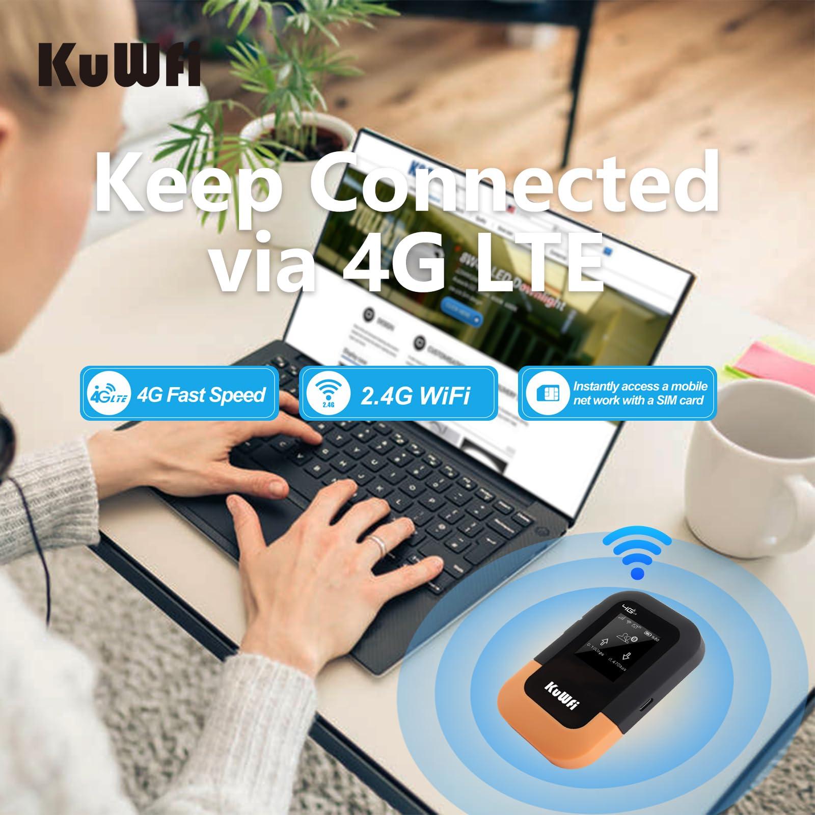 KuWFi KuWFi 4G LTE WiFi Mobile Hotspot Device, 150Mbps WiFi Hotspot Portable Travel Router Includes 2G Data, Portable WiFi Hotspot for Travel Support 10 Devices, AT&T T-Mobile, B2/B4/B5/B12/B13/B66