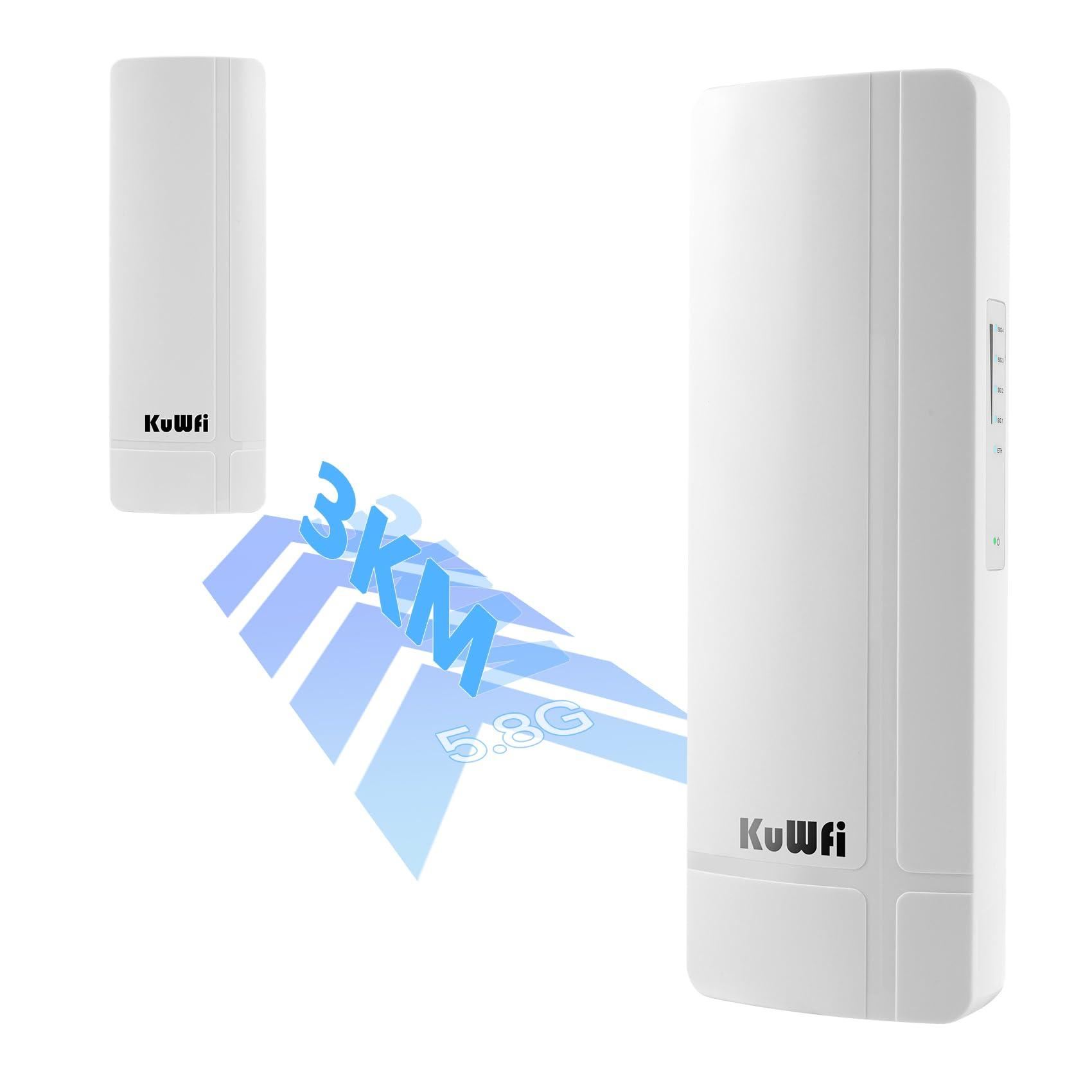 KuWFi KuWFi 5.8G 3KM Gigabit Wireless WiFi Bridge Point to Point Outdoor Work for Starlink Satellite Signal Extend Outdoor Super Long Range WiFi Router Bridge 1000Mbps Ethernet Port 24V PoE Power 2-Pack