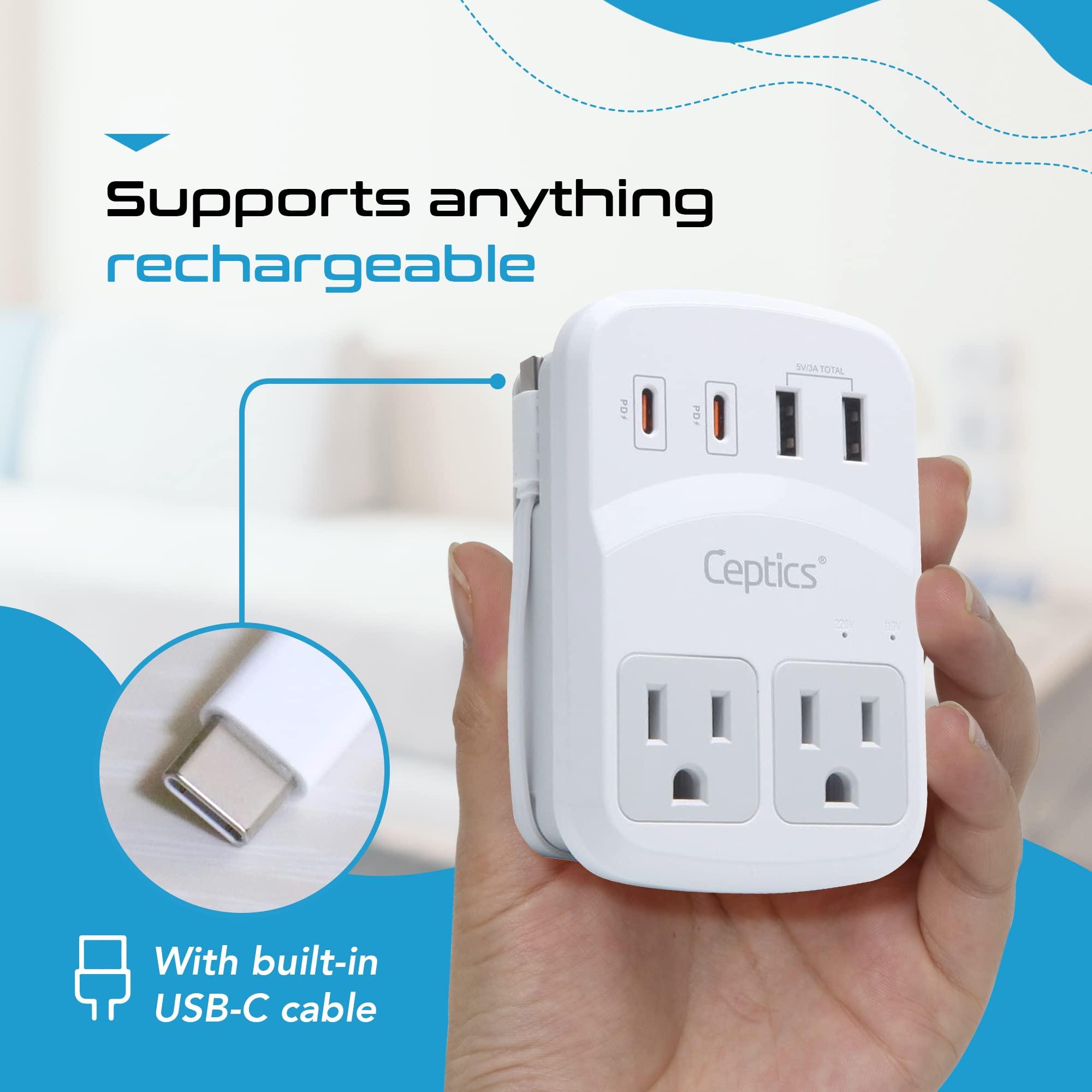 Ceptics Ceptics World Travel Adapter Kit 2 USB-A, USB-C US Outlets, 20W/QC 18W Power Delivery, Surge Protection, SWADAPT Compatible for Europe, UK, China, Australia, Japan Perfect Laptop (WPS-5B)