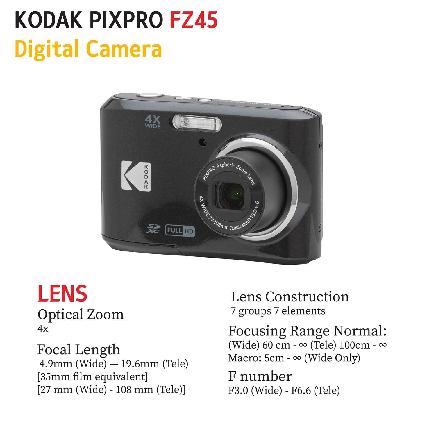 PHOTO4LESS Kodak PIXPRO FZ45 Digital Camera Bundle with Black Point & Shoot Camera Case + Transcend 64GB SD Memory Card + Tri-fold Memory Card Wallet + Hi-Speed SD USB Card Reader + More (Black)