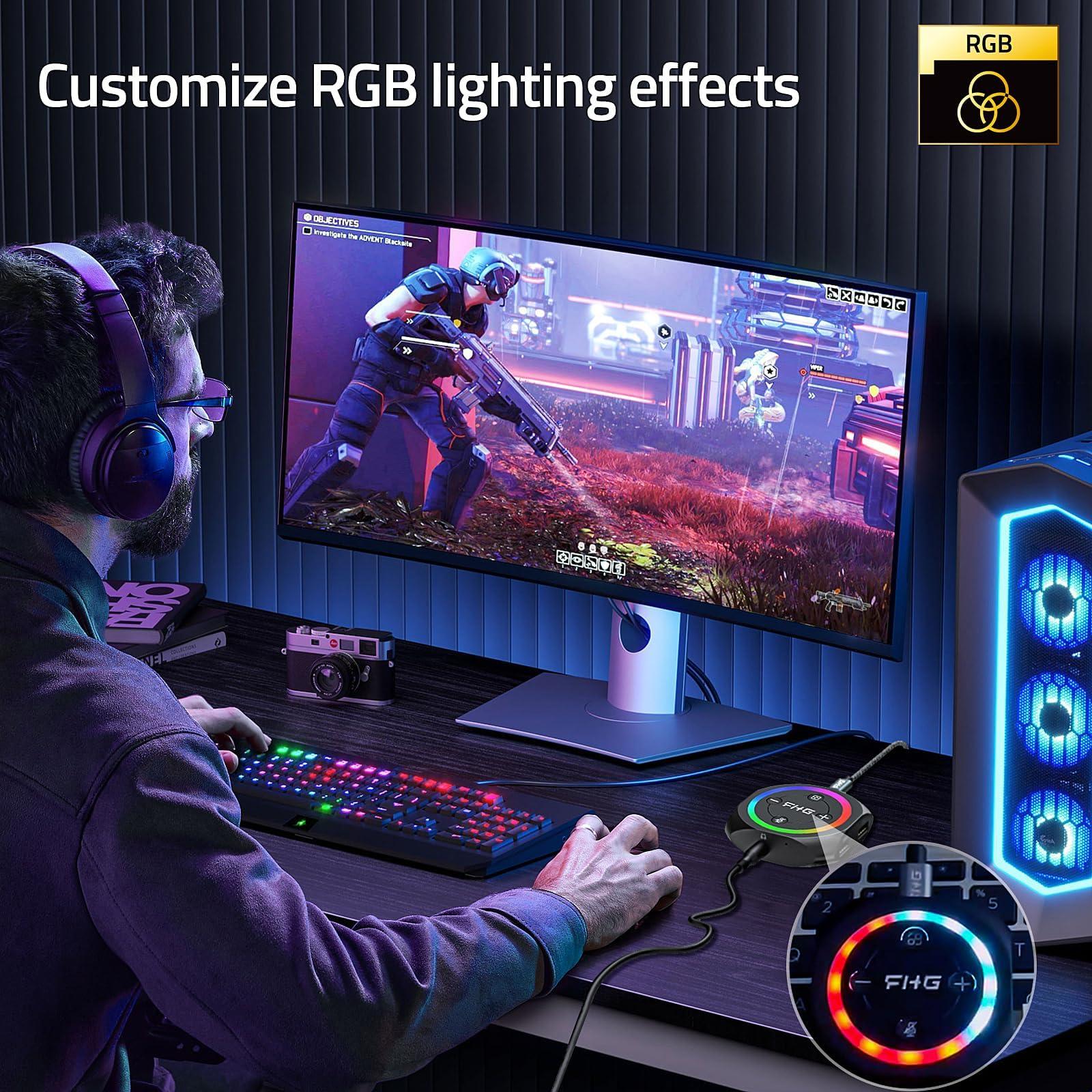 FHG FHG DAC, External USB Sound Card Gaming DAC with 7.1 Virtual Surround Sound for Gaming Headset/PS4/PS5/Xbox One, 5 in 1 Hub, Supports AI Noise Cancellation w/Mic