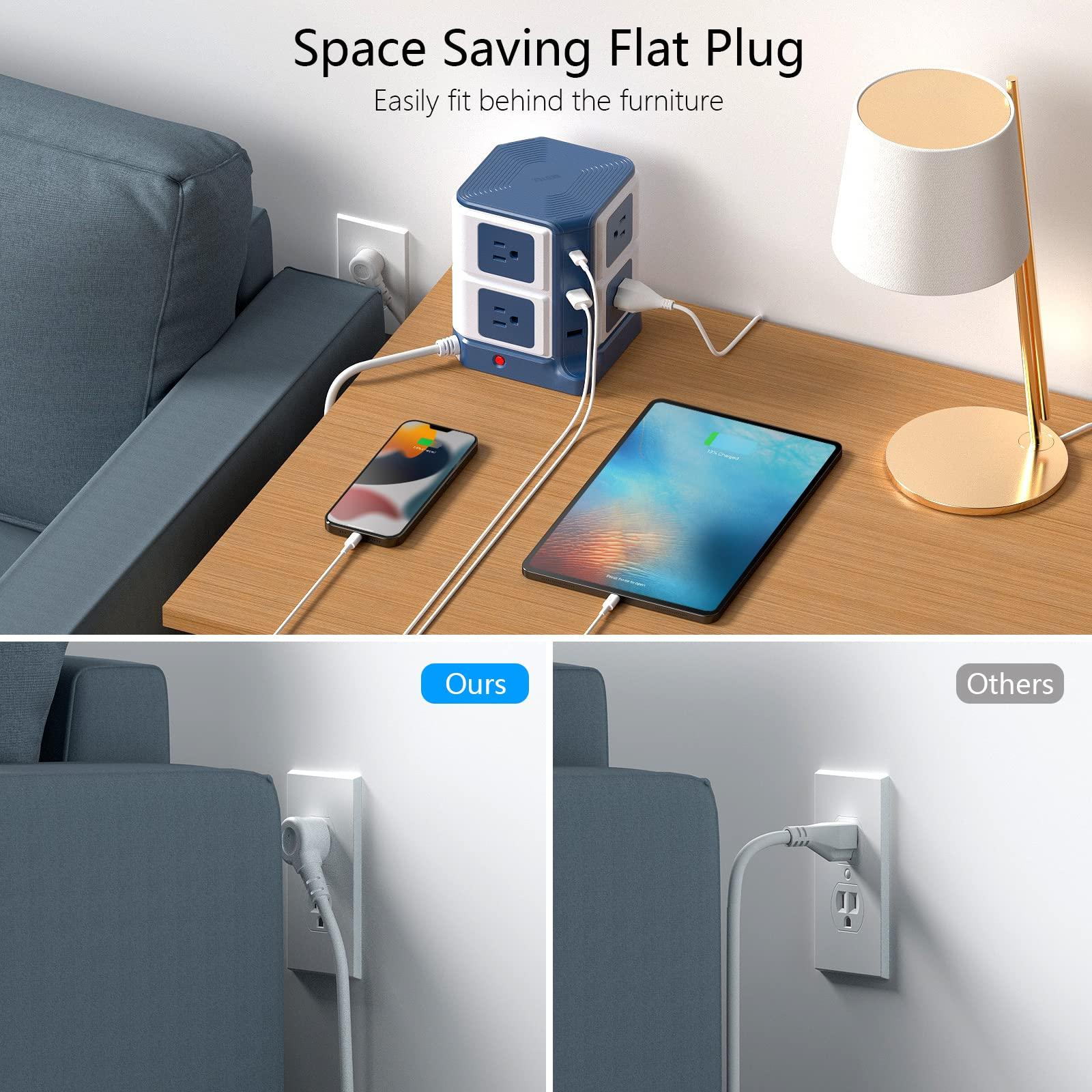 BESTEK Power Strip Tower with PD20W USB C, BESTEK 8-Outlet and USB Charging Ports 2100 Joules Surge Protector, 5 Feet Extension Cord Flat Plug, ETL Listed