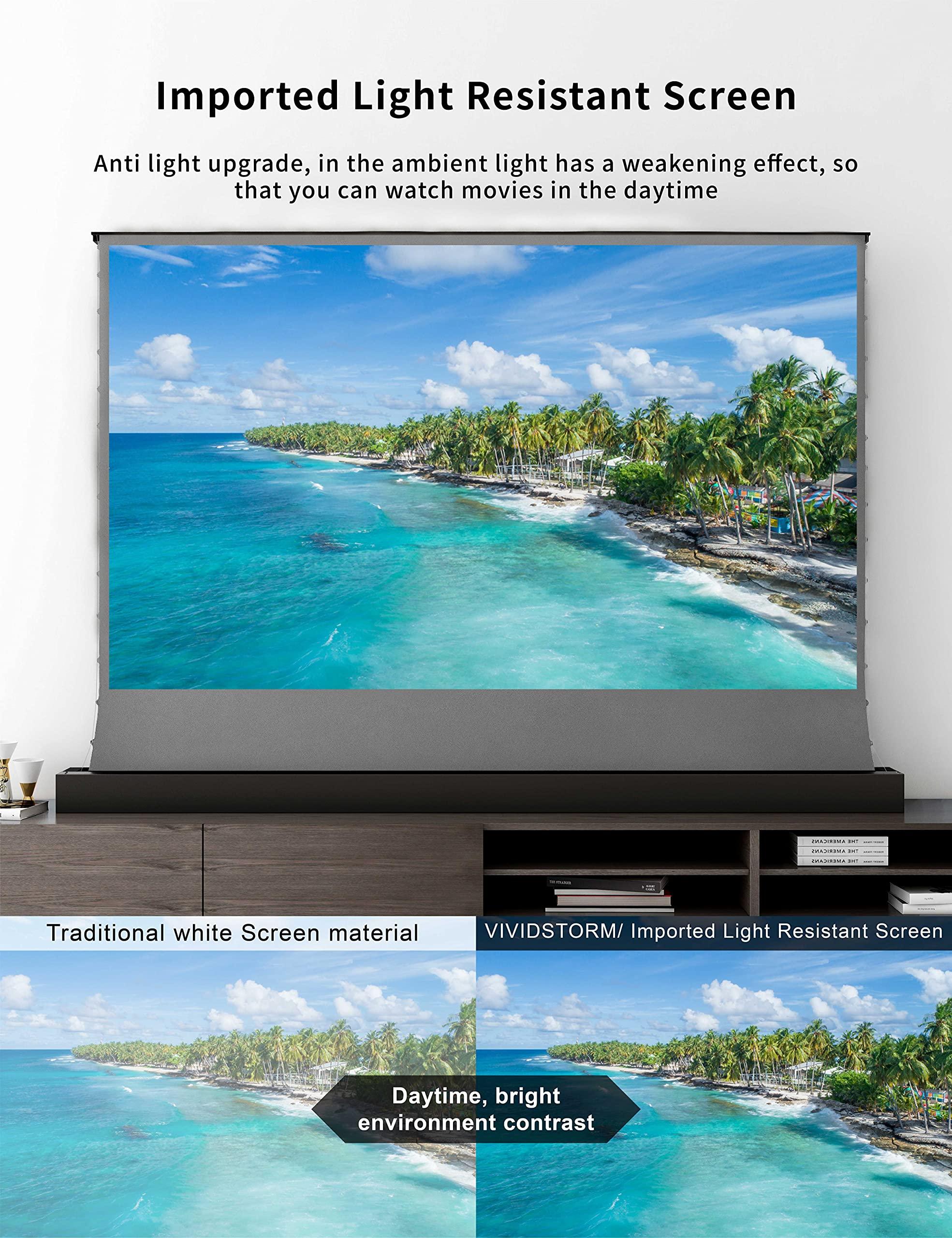 VIVID STORM SINCE 2004 VIVIDSTORM-Movice Screen,3D Long Focus Ambient Light Rejecting Screen, Motorized Floor-Rising Projection Screen,Compatible with Lumen up to 1800ANSI of Normally Projector, VSDSTALR84H-3D
