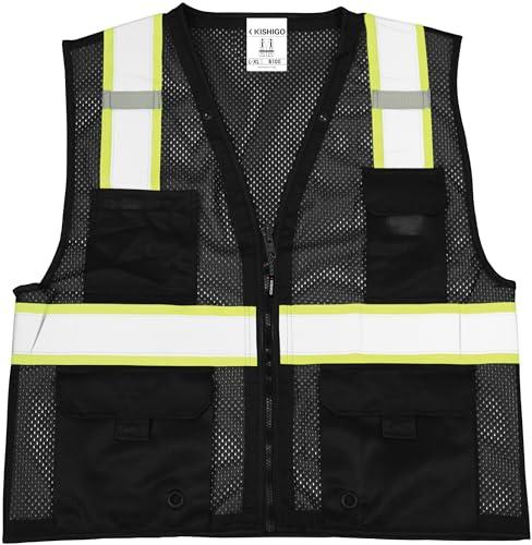ML Kishigo Kishigo Black Enhanced Visibility Unisex Vest B100, Multi Pocket Mesh Hi-Vis Vest, Ultra-Cool Polyester Material, 6 Pockets, Zipper Front Closure, Construction Work Safety Vest (Black EV, LG-XL)