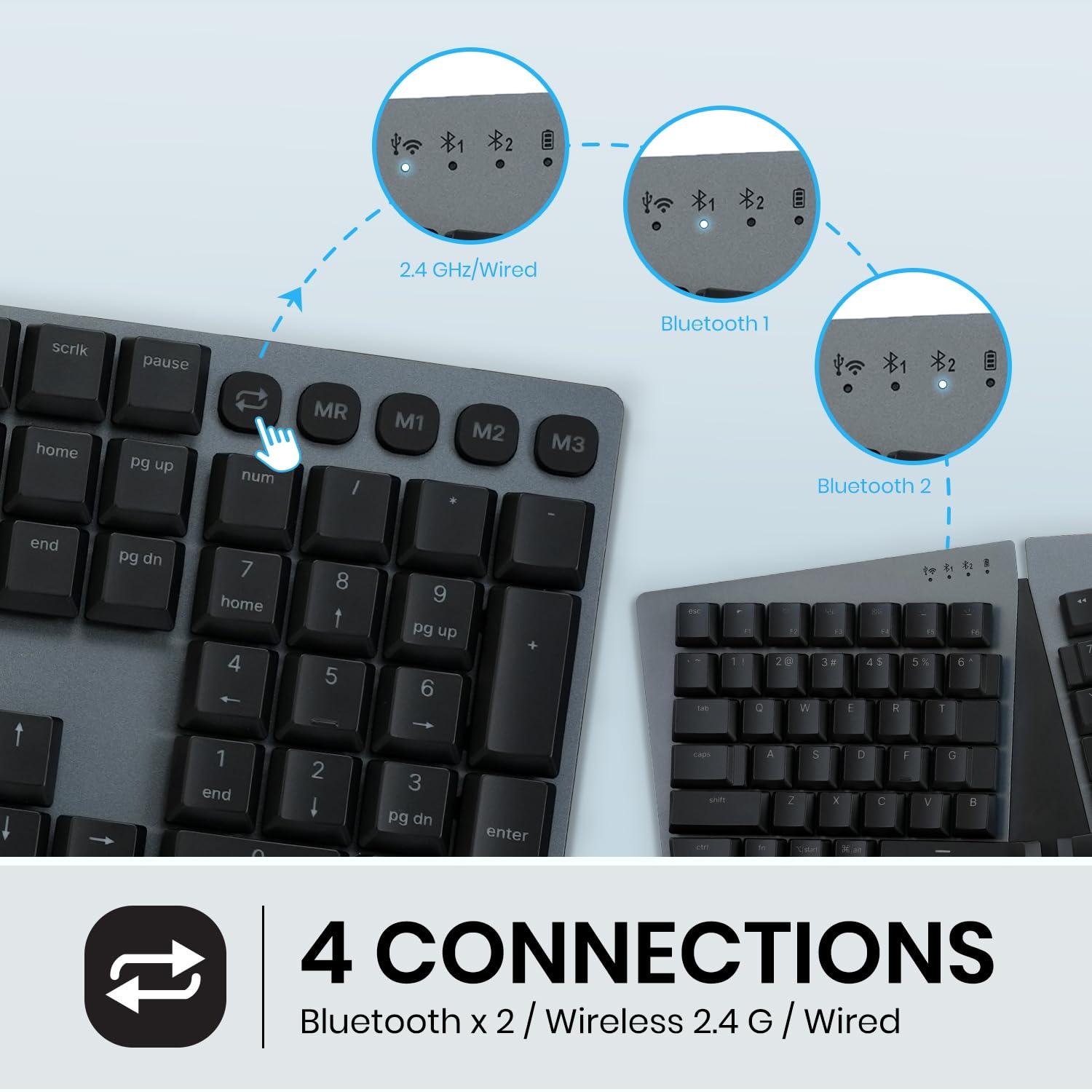 Perixx Perixx PERIBOARD-835BL Wireless Ergonomic Mechanical Keyboard - RGB Backlit - Low-Profile Blue Clicky Switches - Multi-Device Connection - Compatible with Windows and Mac OS X - US English