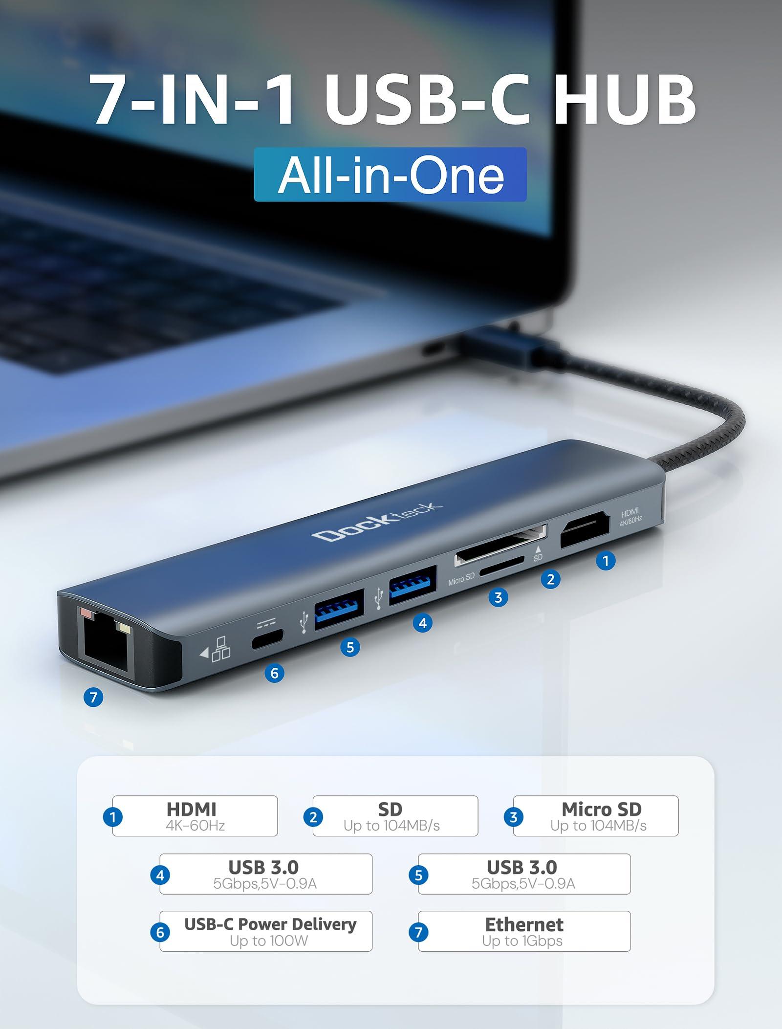 dockteck dockteck 7-in-1 USB C Hub with 4K 60Hz HDMI, 1Gbps Ethernet, 100W Power Delivery, SD/TF Card Slots, USB 3.0 Data Ports for MacBook, iPad Pro, XPS