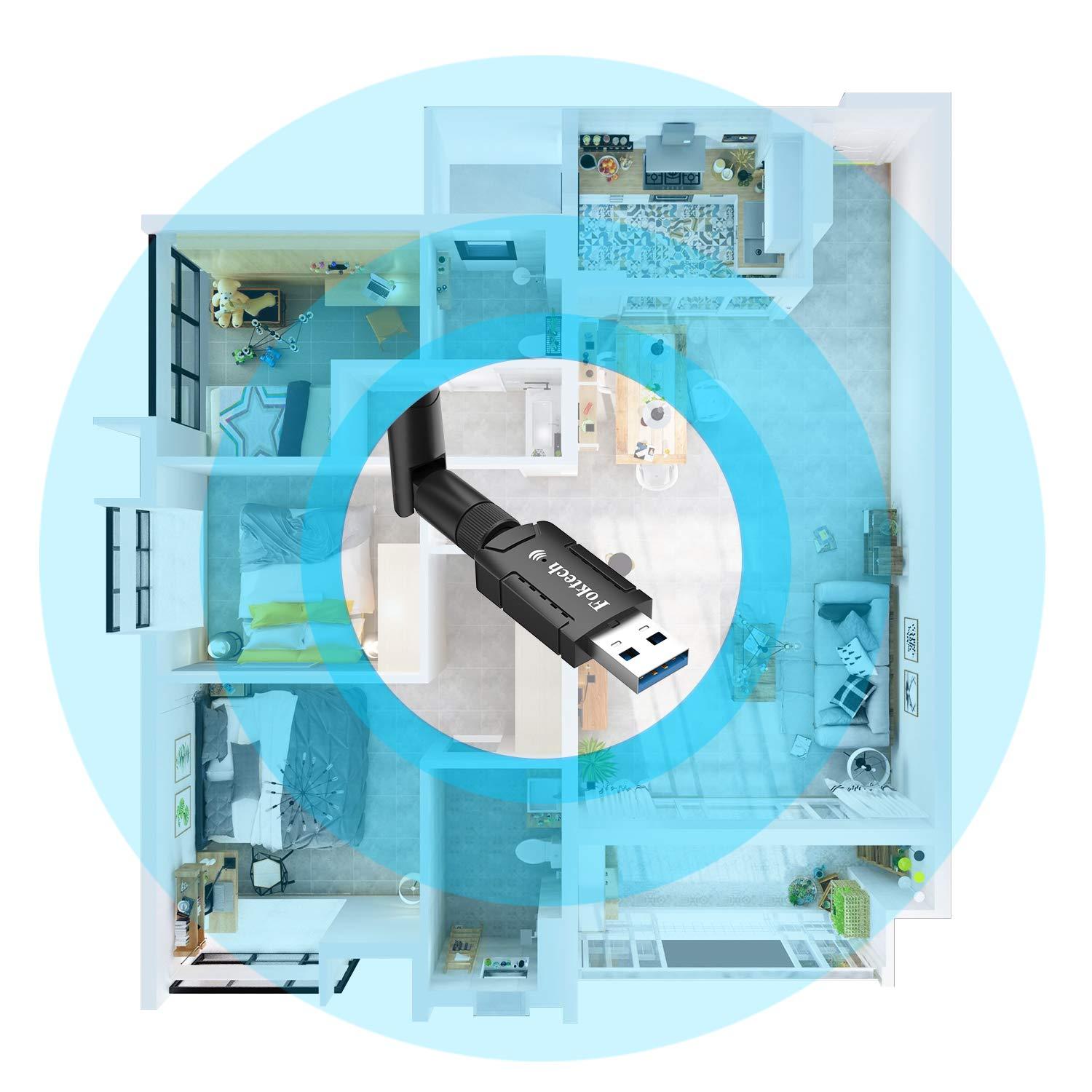 Foktech Foktech USB WiFi Adapter, AC1200 USB 3.0 Wireless Network Dongle for Desktop/Laptop, Dual Band 2.4GHz/5Ghz, Support Windows XP/Vista/7/8/8.1/10,Mac OS X 10.9-10.15 (WiFi Adapter AC1200)