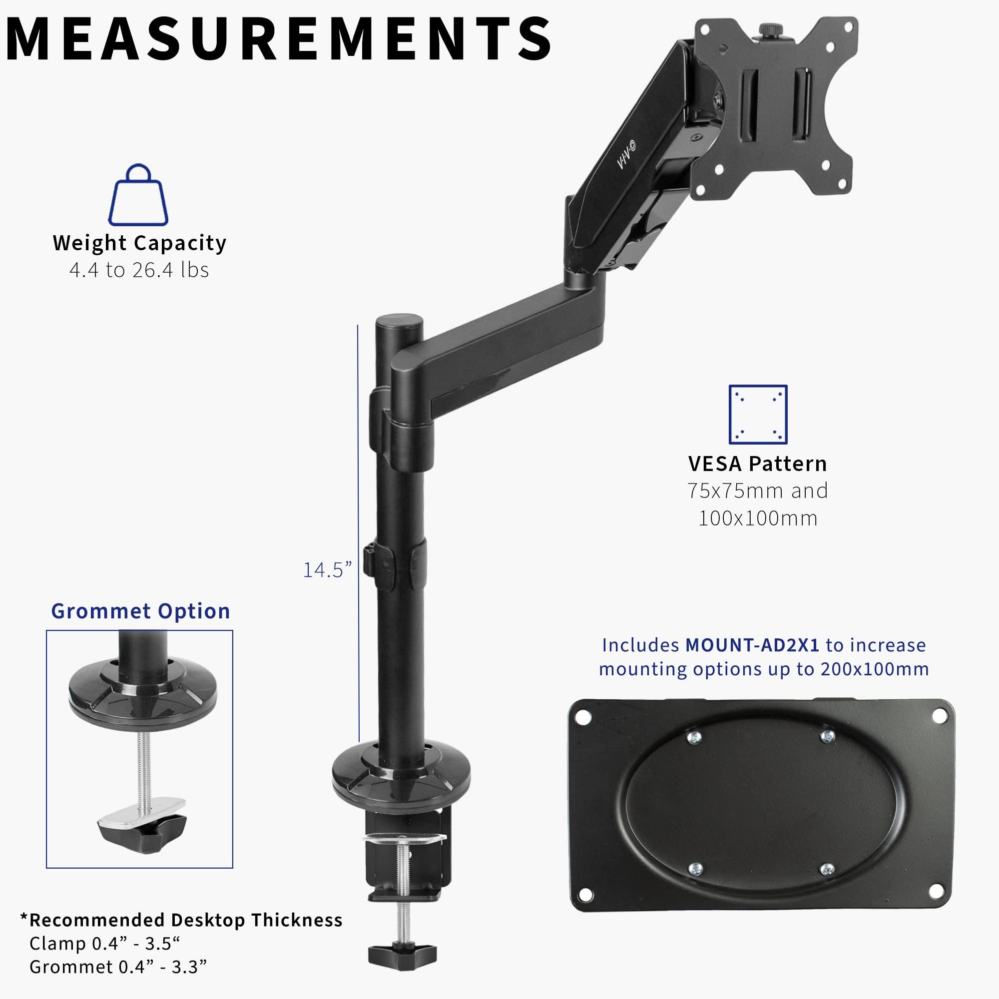 VIVO VIVO Heavy Duty Articulating Single Pneumatic Spring Arm Desk Mount Stand, Fits 17 to 32 inch Standard Screens or 43 inch Ultrawides up to 26.4 lbs with Maximum VESA 200x100mm, STAND-V101H