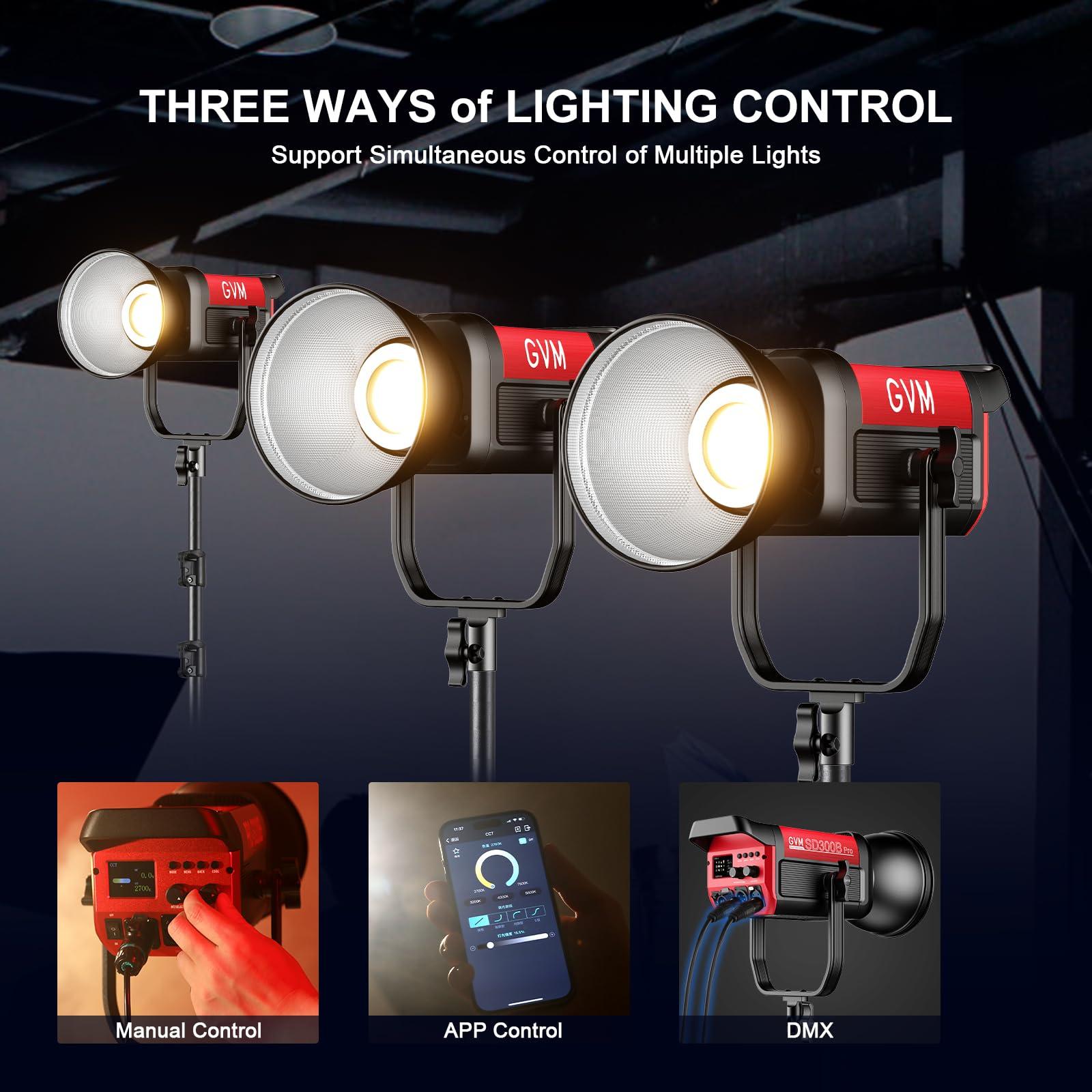 GVM Great Video Maker GVM LED Video Light with Bowens Mount, 300W Bi-Color Continuous Light with DMX/APP Control, Photography Lighting for Video Recording, SD300B Studio Lights 65000Lux/1m, CRI97+, 12 Effect, 2700-6800K