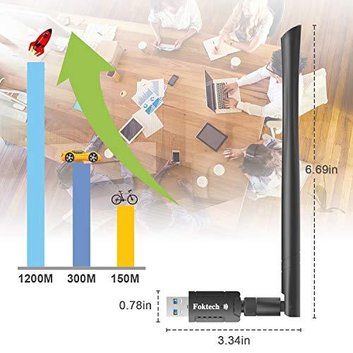 Foktech Foktech USB WiFi Adapter, AC1200 USB 3.0 Wireless Network Dongle for Desktop/Laptop, Dual Band 2.4GHz/5Ghz, Support Windows XP/Vista/7/8/8.1/10,Mac OS X 10.9-10.15 (WiFi Adapter AC1200)