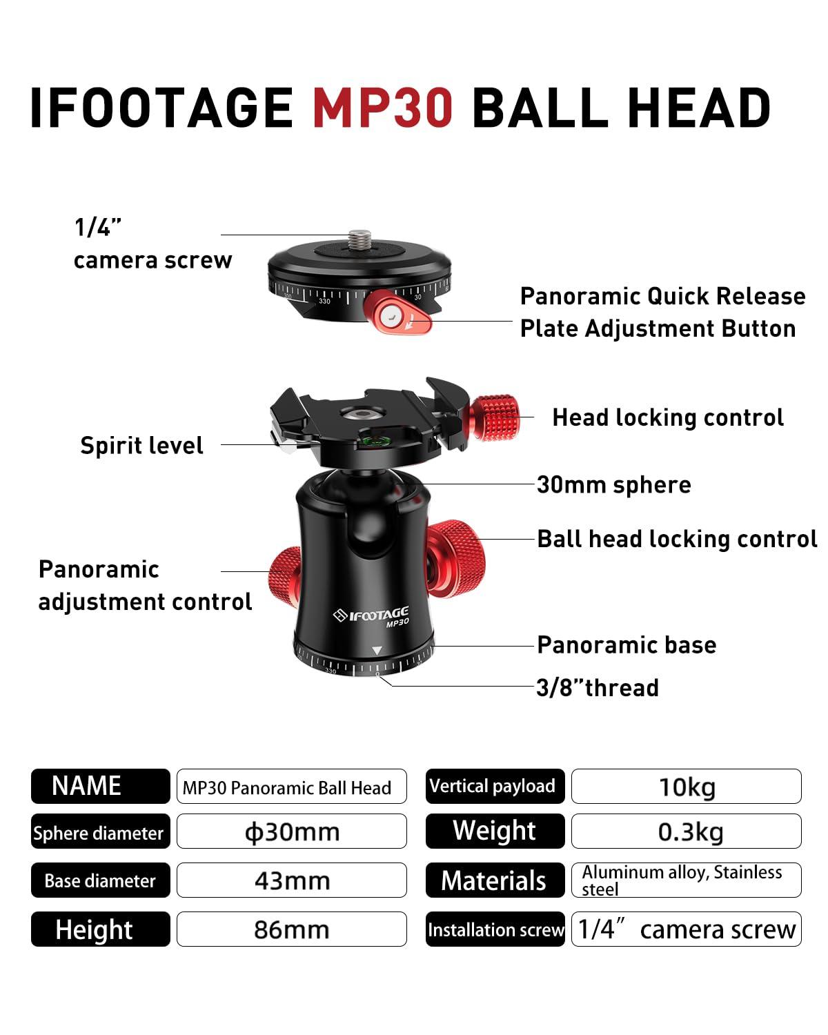 IFOOTAGE IFOOTAGE Komodo MP30 Ball Head,Metal 360 Rotating Ball Head with Panoramic Quick Release Plate, Compatible with Digital SLR Cameras, Mirrorless Cameras and Digital Cameras Load 22lbs