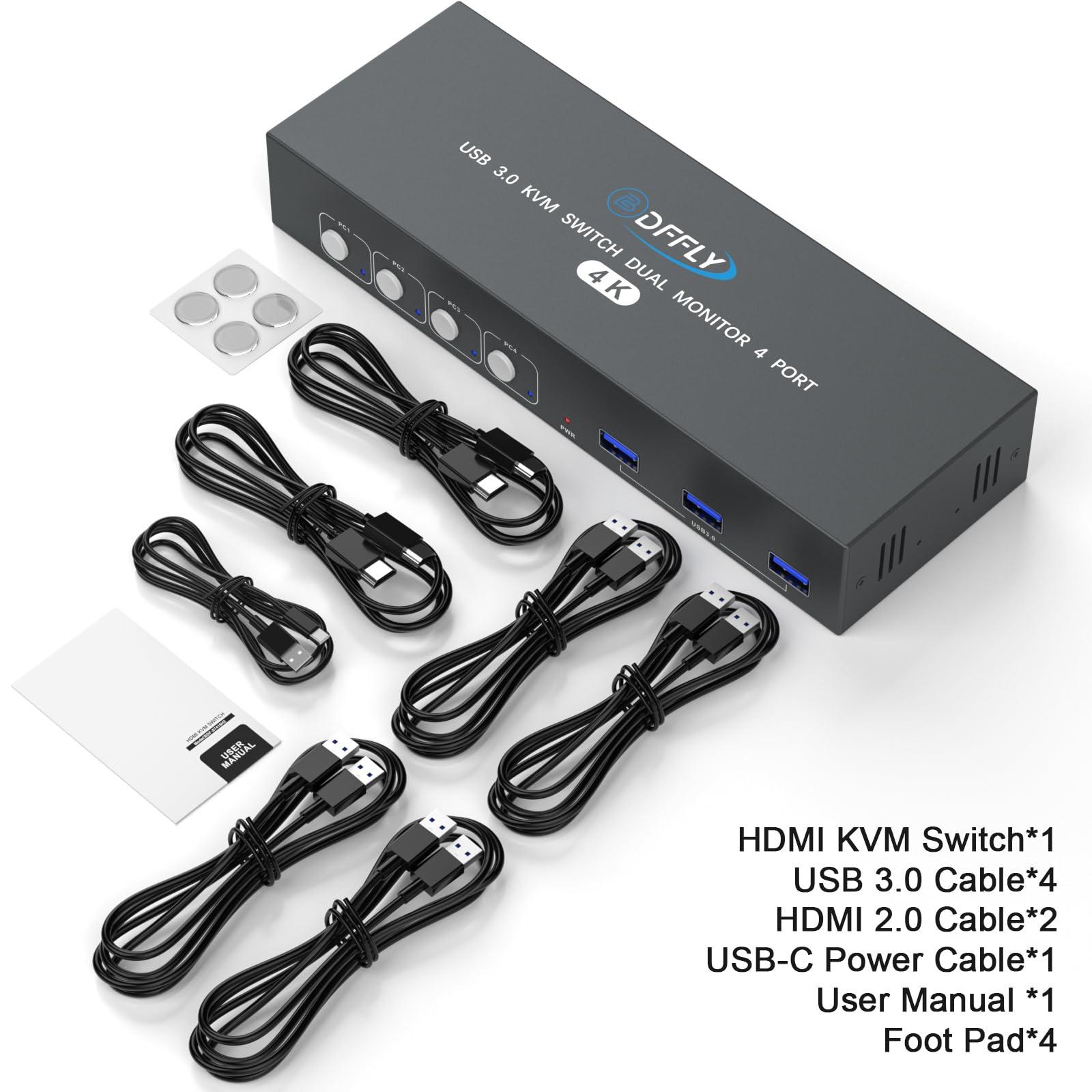 BDFFLY USB3.0 Switch HDMI Kvm Switch 4 Computers 2 Monitors with 3 USB Ports, 4K@60Hz for 4 Computers Sharing 2 Monitors and Keyboard Mouse, Supports Button Control, EDID Compatible