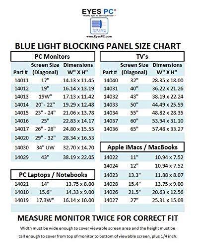EYES PC EYES PC blue light screen protector panel Universal for 13.3 inch Diagonal Laptop Screen (W 11.88" X H 8.07”). Blue light blocking up to 100 percent of Hazardous HEV Blue Light. Reduces eye strain.