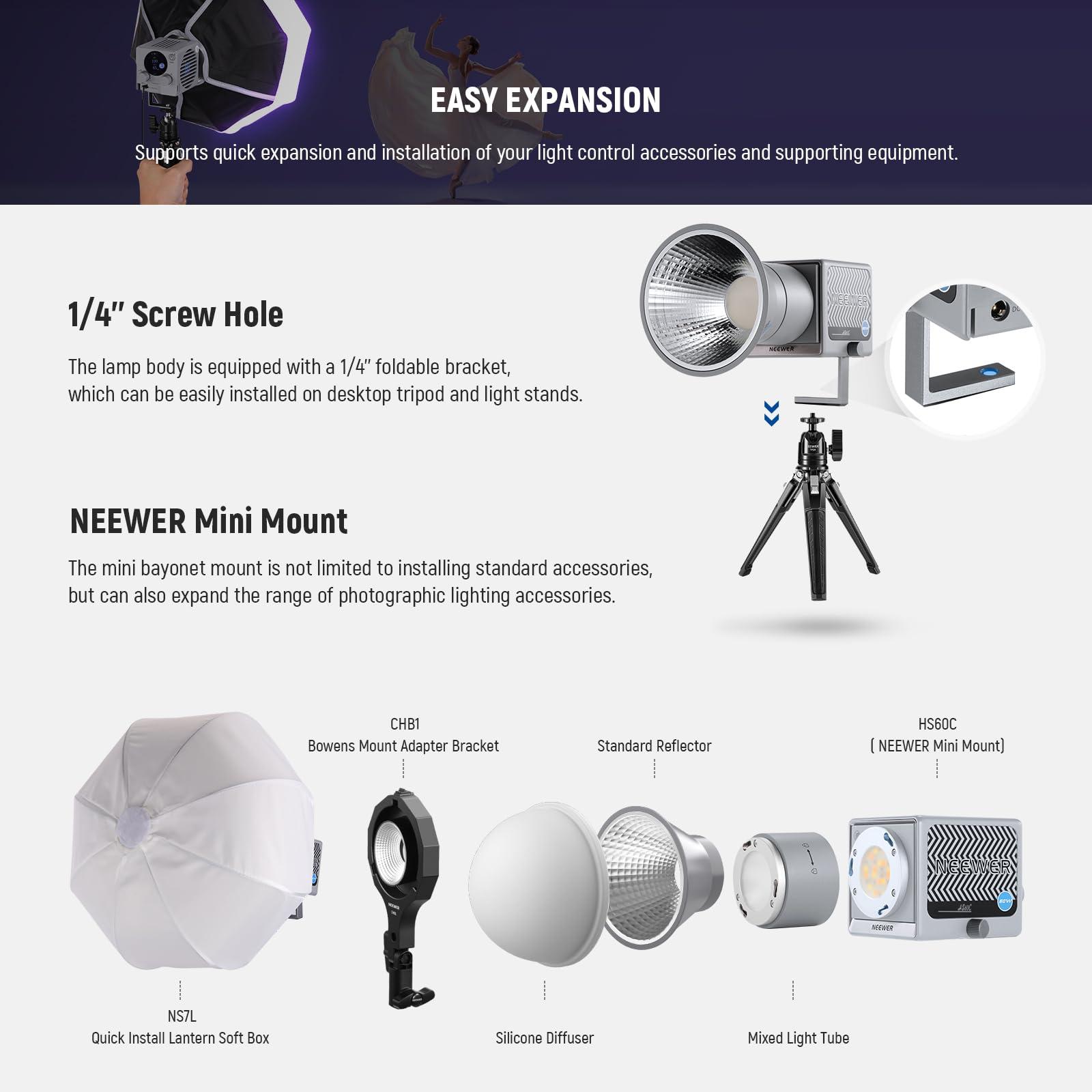 Neewer NEEWER 60W Portable RGB LED Video Light Handheld Fill Light, APP/2.4G/Panel Control 18 Scenes 8700Lux/1m 2700-6500K CRI97+ Dimmable COB Continuous Output Lighting for Video Recording Streaming, HS60C