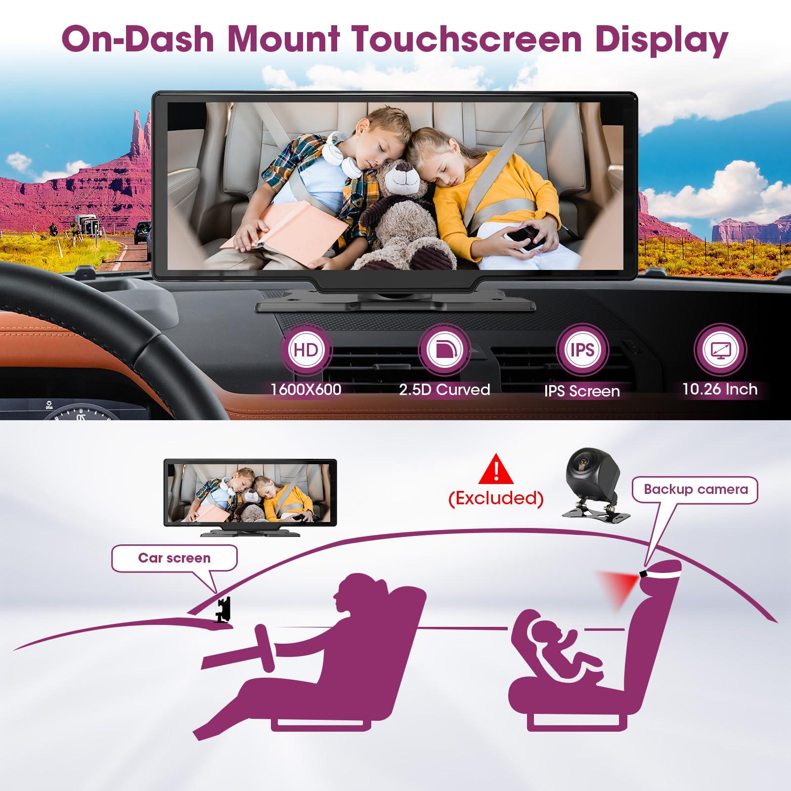 aboutBit Wireless CarPlay Screen Dash Mount - Portable Android Auto Car Stereo with 2.5K Dash Cam - 10.26 Inch HD IPS Display Loop Recording Car DVR Bluetooth Mirrorlink GPS Navigation Video Receivers