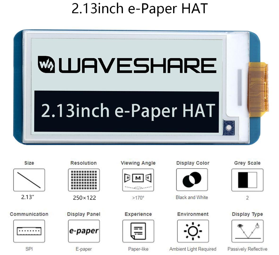 waveshare waveshare 2.13inch E-Paper Display HAT for Raspberry Pi 4B/3B+/3B/2B/Zero/Zero W/Zero WH and Jetson Nano,250x122 Pixel Black,White Two-Color E-Ink Display SPI Interface Support Partial Refresh