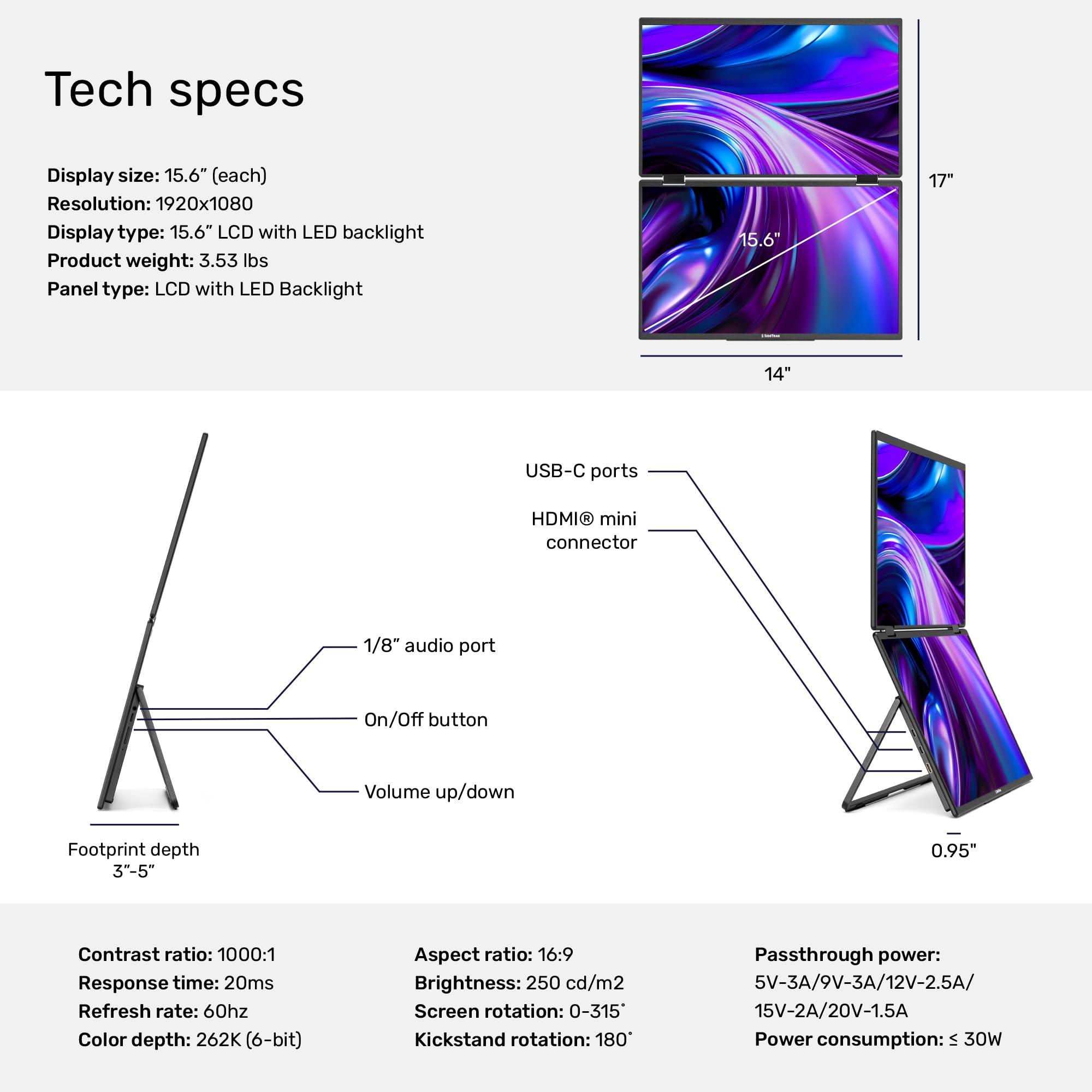 SideTrak SideTrak Solo Book 15.6" Foldable Dual Screen Portable Monitor with Protective Sleeve | Stacked FHD Laptop Screen Extender, 360 Rotation, USB-C & HDMI, Mac, PC, Chromebook Compatible
