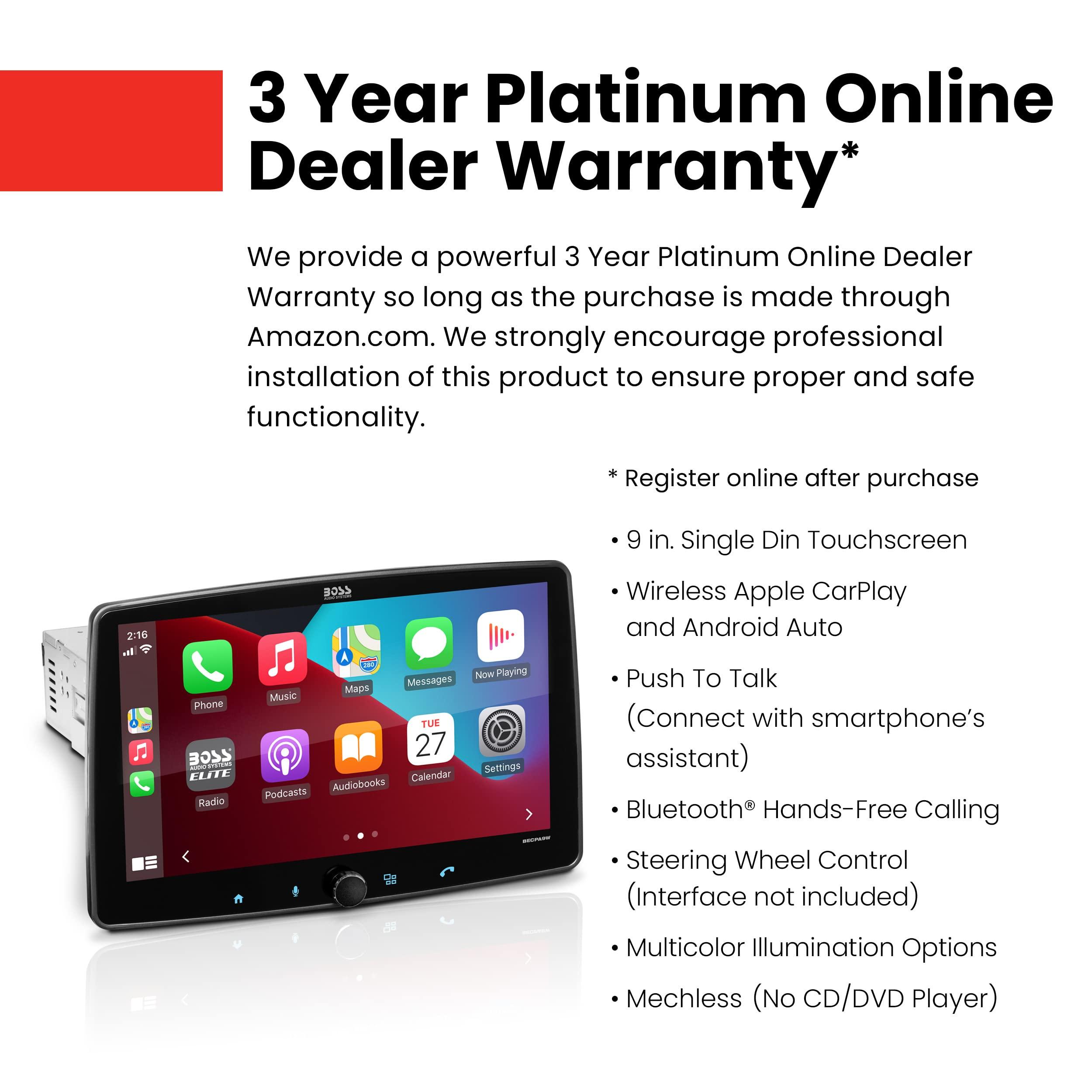 BOSS Audio Systems BOSS Audio Systems Elite BECPA9W Car Stereo Wireless Apple CarPlay & Android Auto, 9 Inch Single Din Touchscreen, Bluetooth Head Unit, Radio Receiver, USB, No CD DVD Player