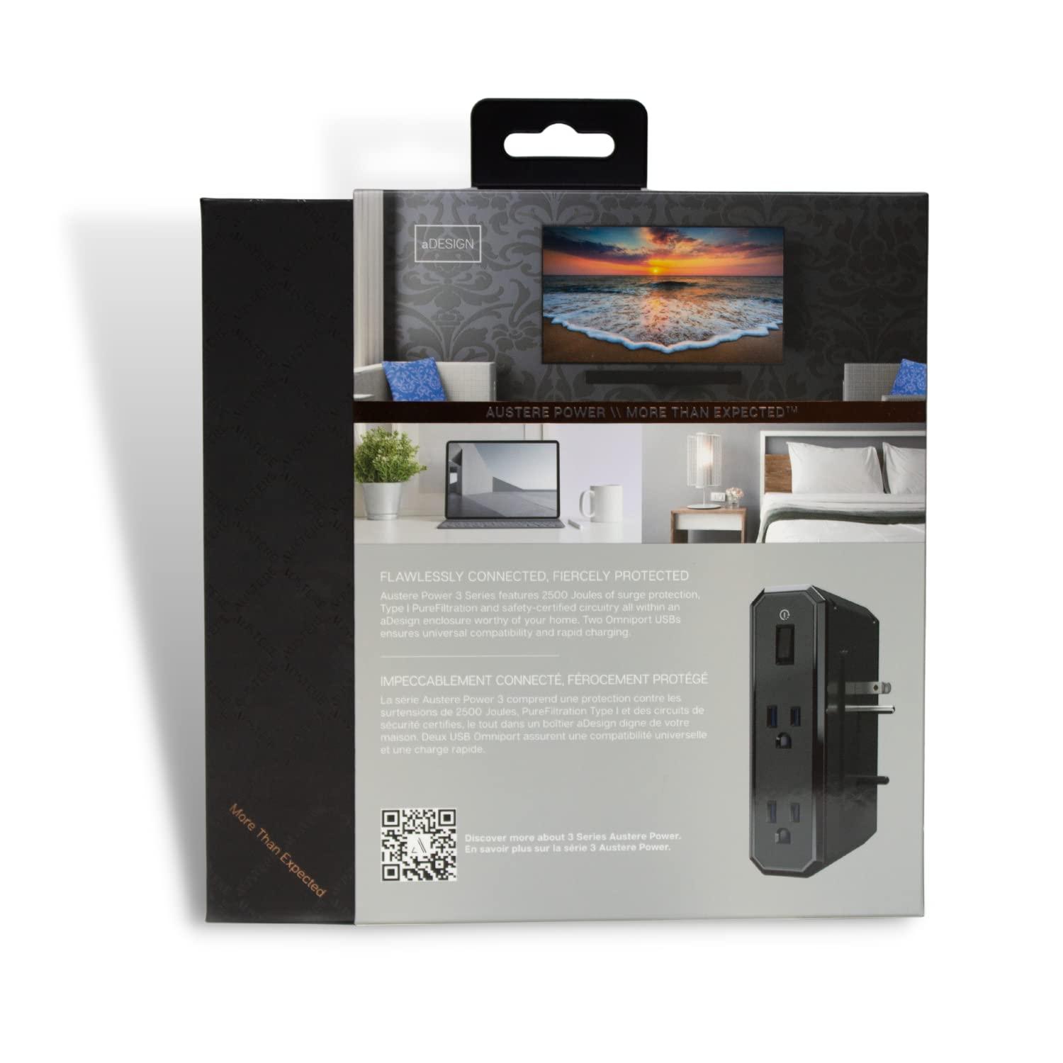 AUSTERE Austere III Series Outlet Extender Wall Charger, 4 Wide Outlets Surge Protector Power Strip, 1 USB C & 1 USB A 2.4 amp Ports | 2500 Joules Multi Plug, EMI/RFI Filtering, 4 Year Component Guarantee