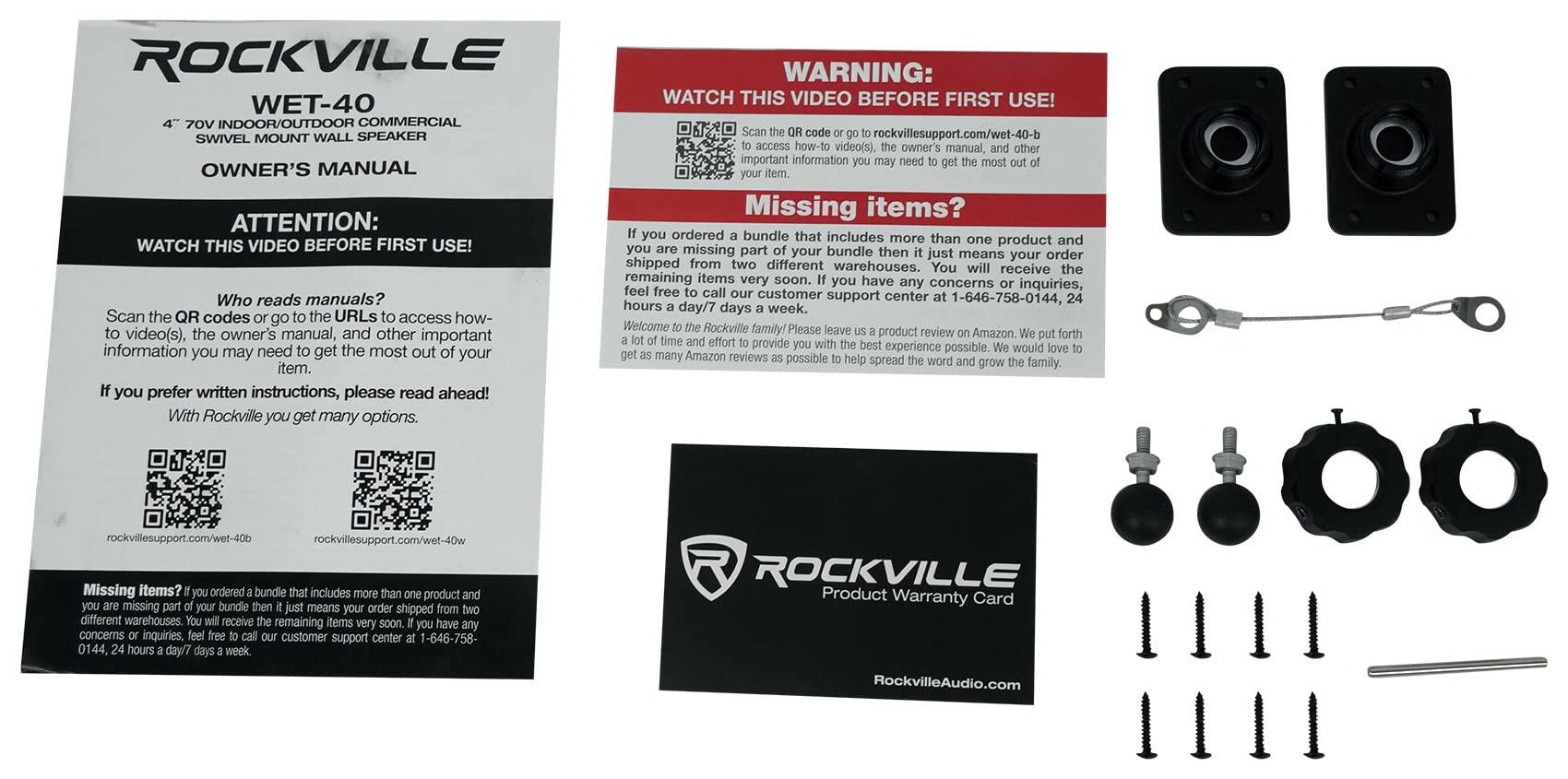 Rockville Rockville RCS180-6 180 Watt 6 Zone 70v Commercial/Restaurant Amplifier/Bluetooth Bundle with (6) WET-40B 4\" Wall Speakers Black Swivel