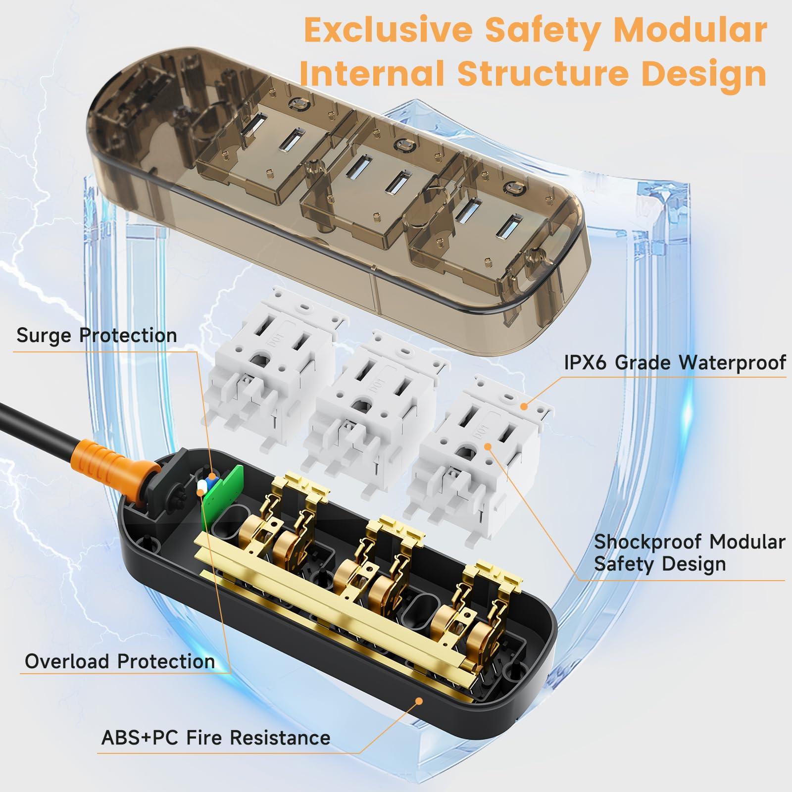 CAKINKON Outdoor Power Strip Weatherproof 6 FT Outdoor Extension Cord Waterproof Surge Protector Power Strip, Shockproof, 3 AC Outlets, 1625W - for Camping, Home, Office, Garden, Dorm, FCC UL Listed