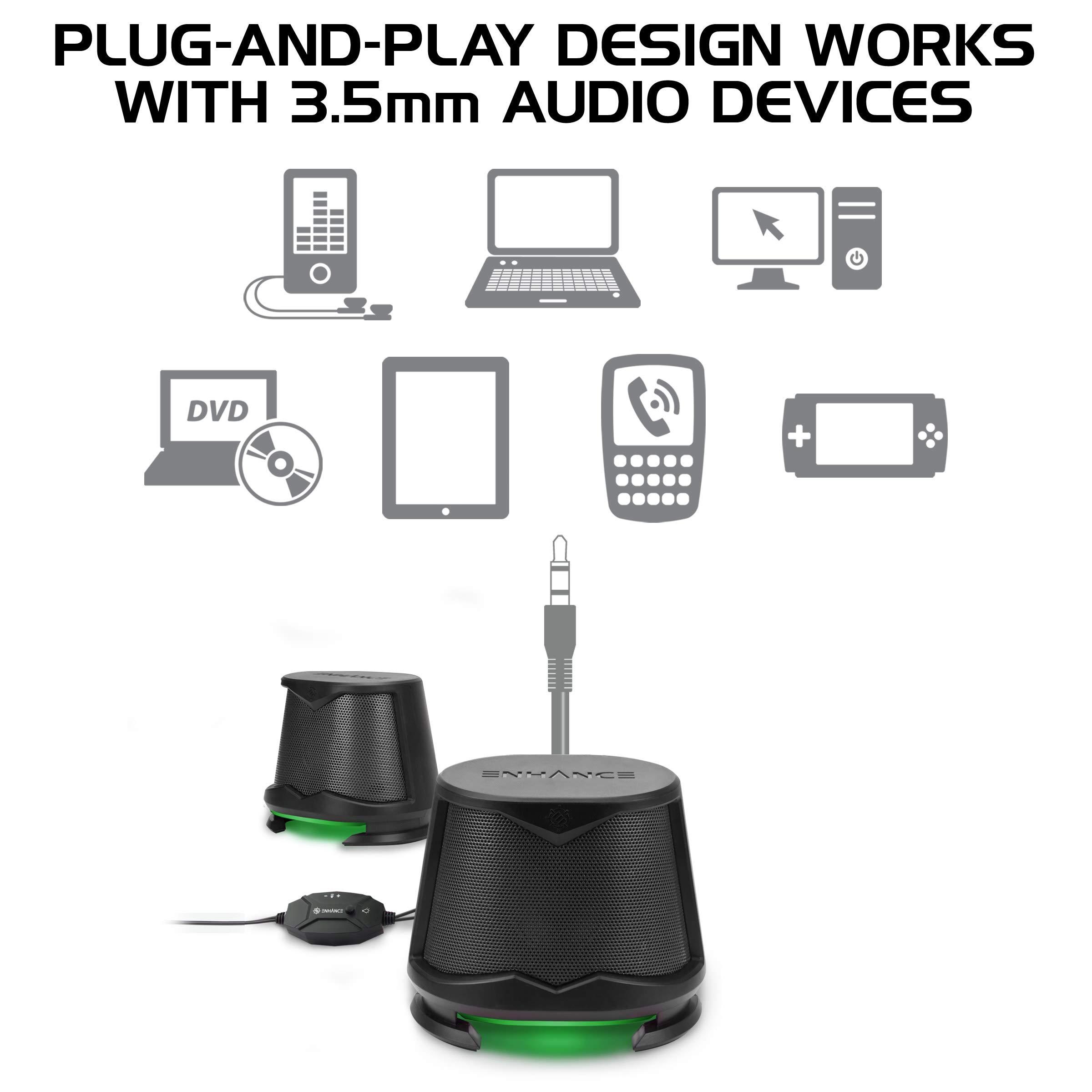 ENHANCE ENHANCE SB2 Computer Speakers with Green LED Light, 2.0 USB Powered Stereo - Speakers for PC, Work from Home Accessories, Surround Sound with 3.5mm Plug - Compatible with Gaming Laptop, Desktop