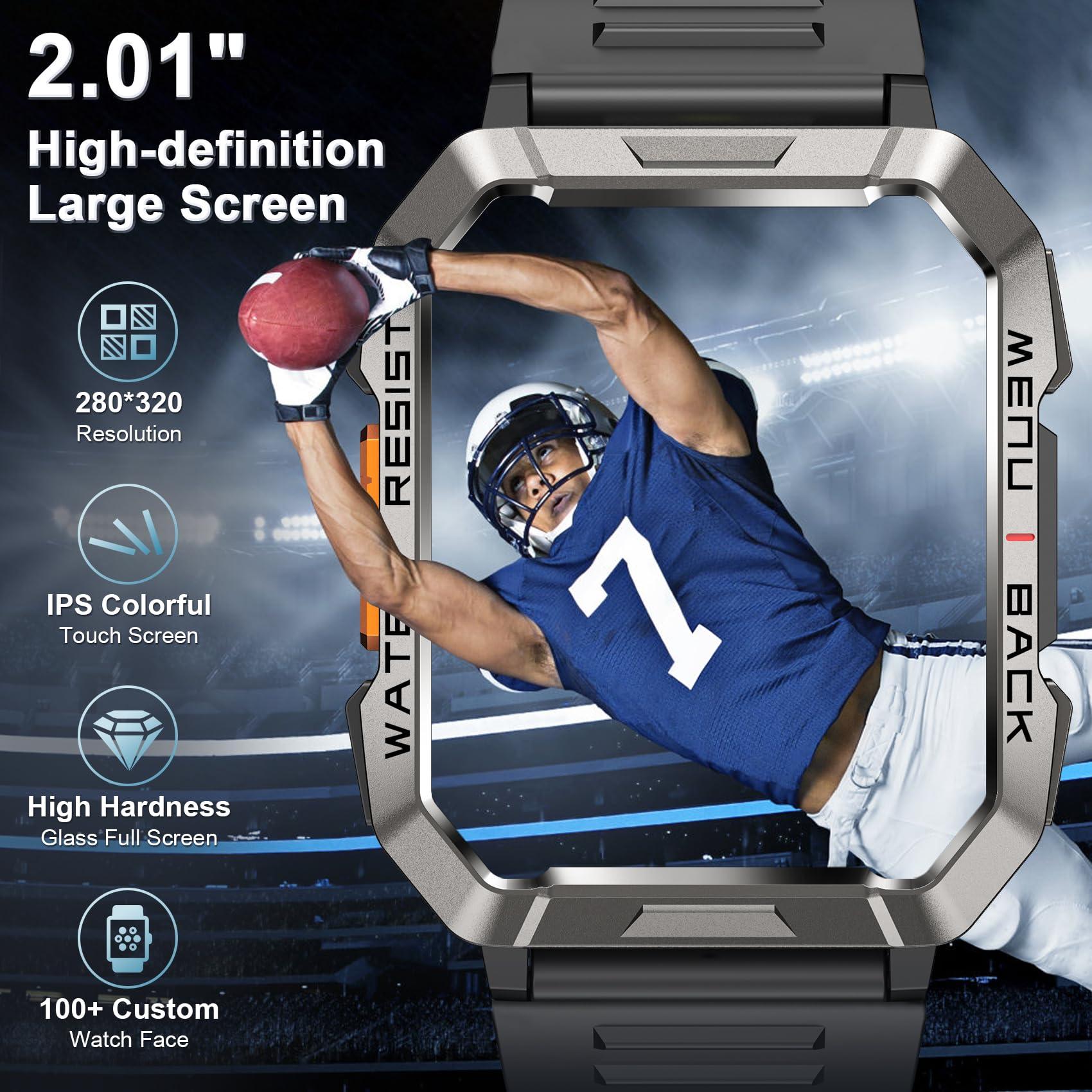 Blackview Military Smart Watch for Men(Answer/Make Call), Outdoor Sports Smartwatch with Flashlight/100 Days Battery/Compass/Heart Rate/SpO2/Sleep Monitor/2 Straps, Fitness Tracker for iPhone/Android Phones