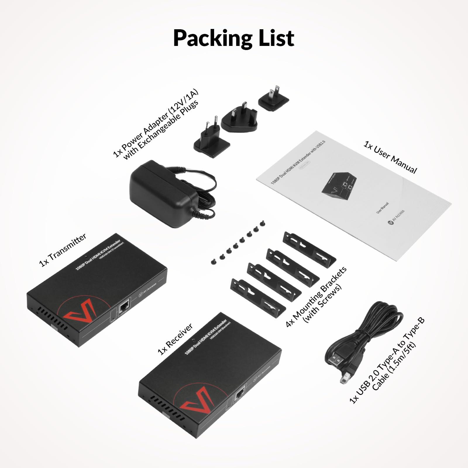 v AV Access HDMI USB KVM Extender Dual Monitor Over Cat5e/6/6a/7 up to 1080p@60Hz 197ft, Zero Latency Extended Dual View, Display 2 Monitors with 4 USB 2.0 Ports for Keyboard/Mouse, HDCP 1.4, PoC, Plug and Play