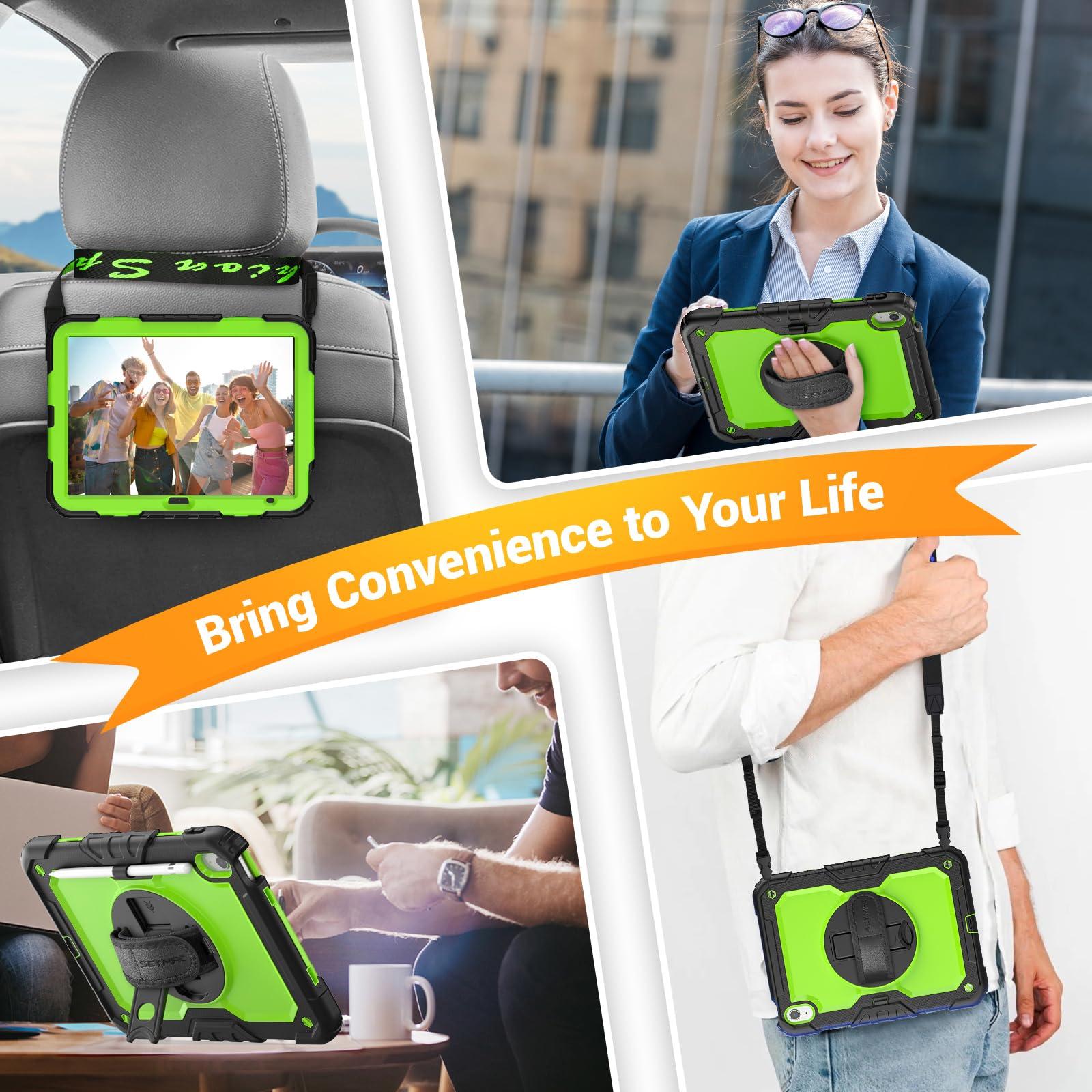 SEYMAC SEYMAC Case for iPad (A16) 11th/10th Generation 2025/2022 (11/10.9), Sturdy Heavy Duty Full-Body Shockproof Protective Case with Screen Protector, Rotating Stand, Hand/Shoulder Strap, Black/Green