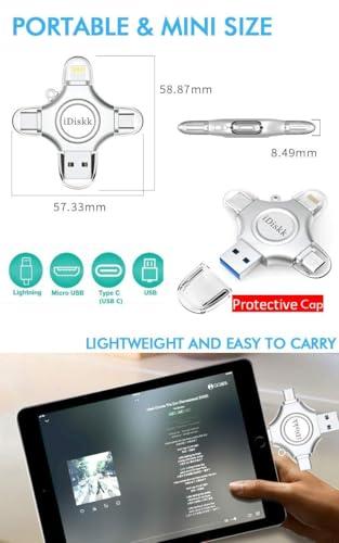 iDiskk [MFi Certified] 128GB Flash Drive for iPhone iPad USB 3.0 Lightning Drive 4 in 1 Multi Functional External Storage for iOS and Android Samsung Phones Type c Devices and MacBook idiskk Thumb Drive