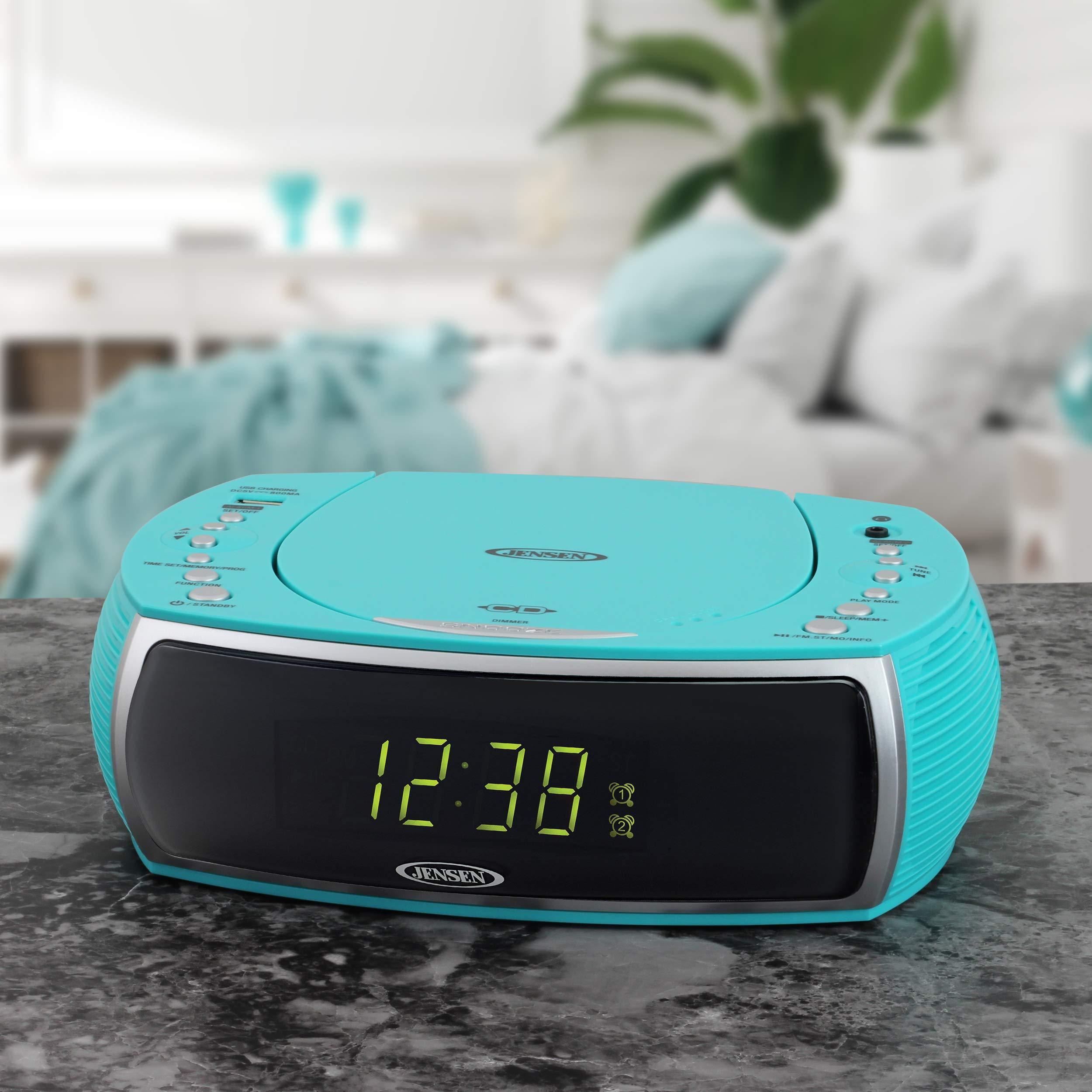 Jensen Jensen Teal Modern Home Audio CD Player Tabletop Stereo Dual Alarm Clock Digital FM Radio | Top-Loading CD/MP3/WMA Player | USB Charging Port 2.1A | Headphone Jack | 0.9 Display Green LED (Renewed)
