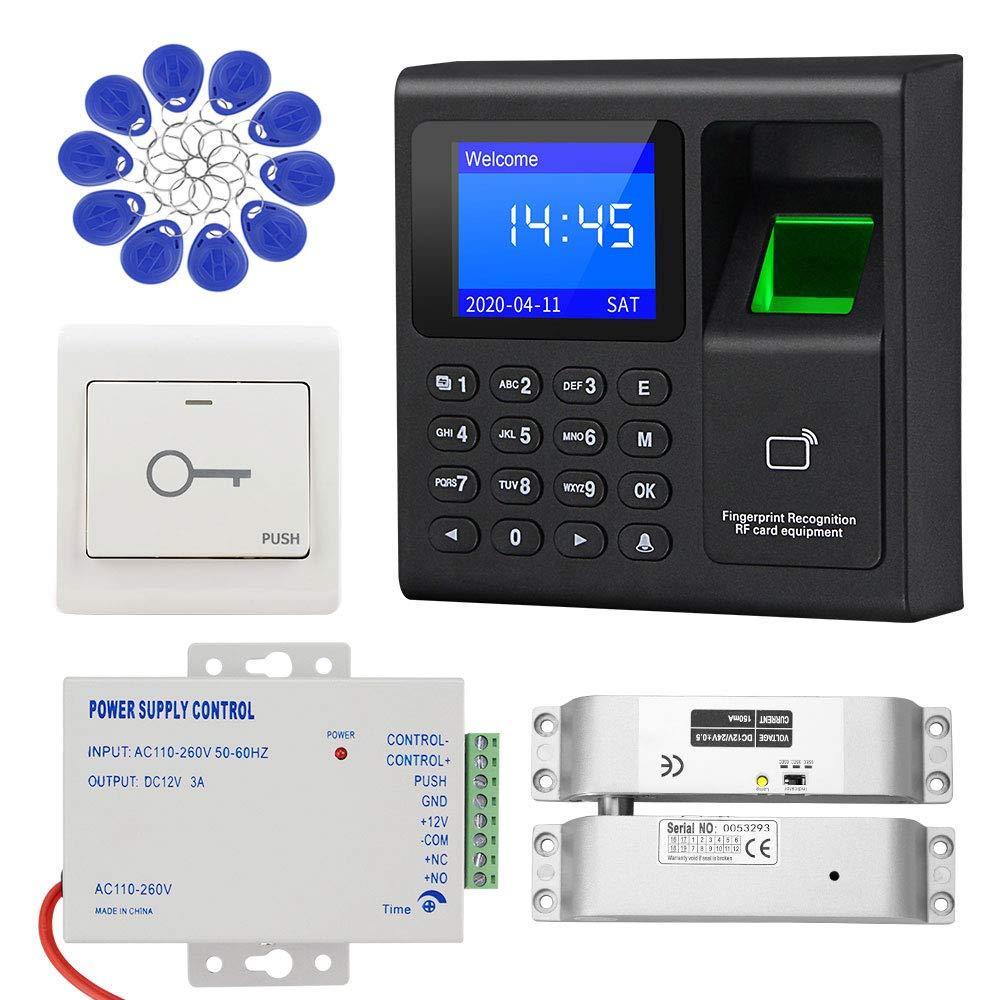 LIBO Smart Home LIBO Complete RFID Access Control System Fingerprint Access Controller Keypad, DC12V / 3A Power Supply Transformer, Electronic Bolt Lock with Exit Button, 125KHz ID Keyfobs for All Type of Doors