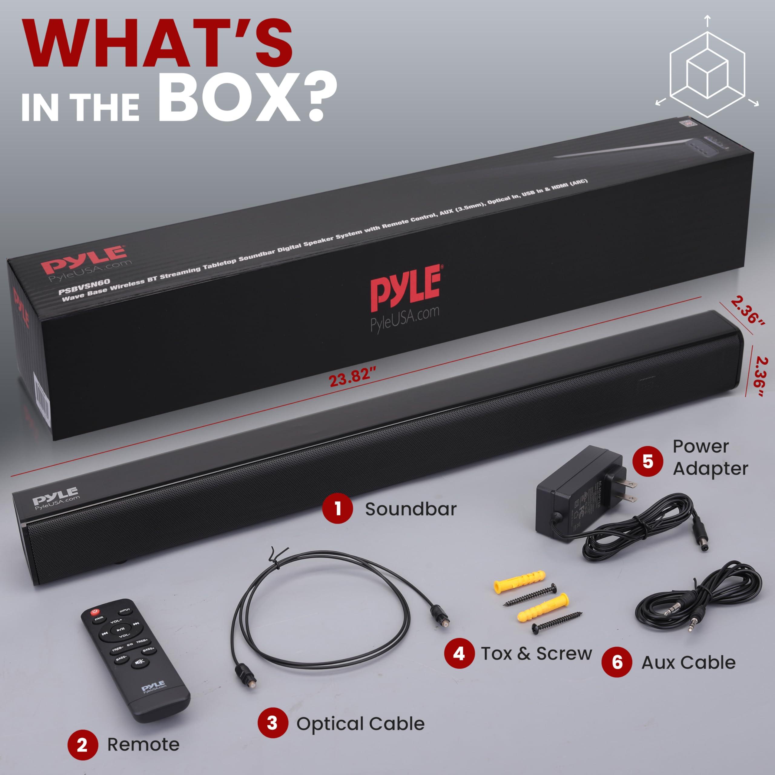 Pyle Pyle Home Theater Soundbar Speaker - Wave Base Streaming Tabletop Stand Mount TV Digital System with AUX/Digital Optical Audio Connector Jacks/USB Port, HDMI /ARC, Full Sound Reproduction