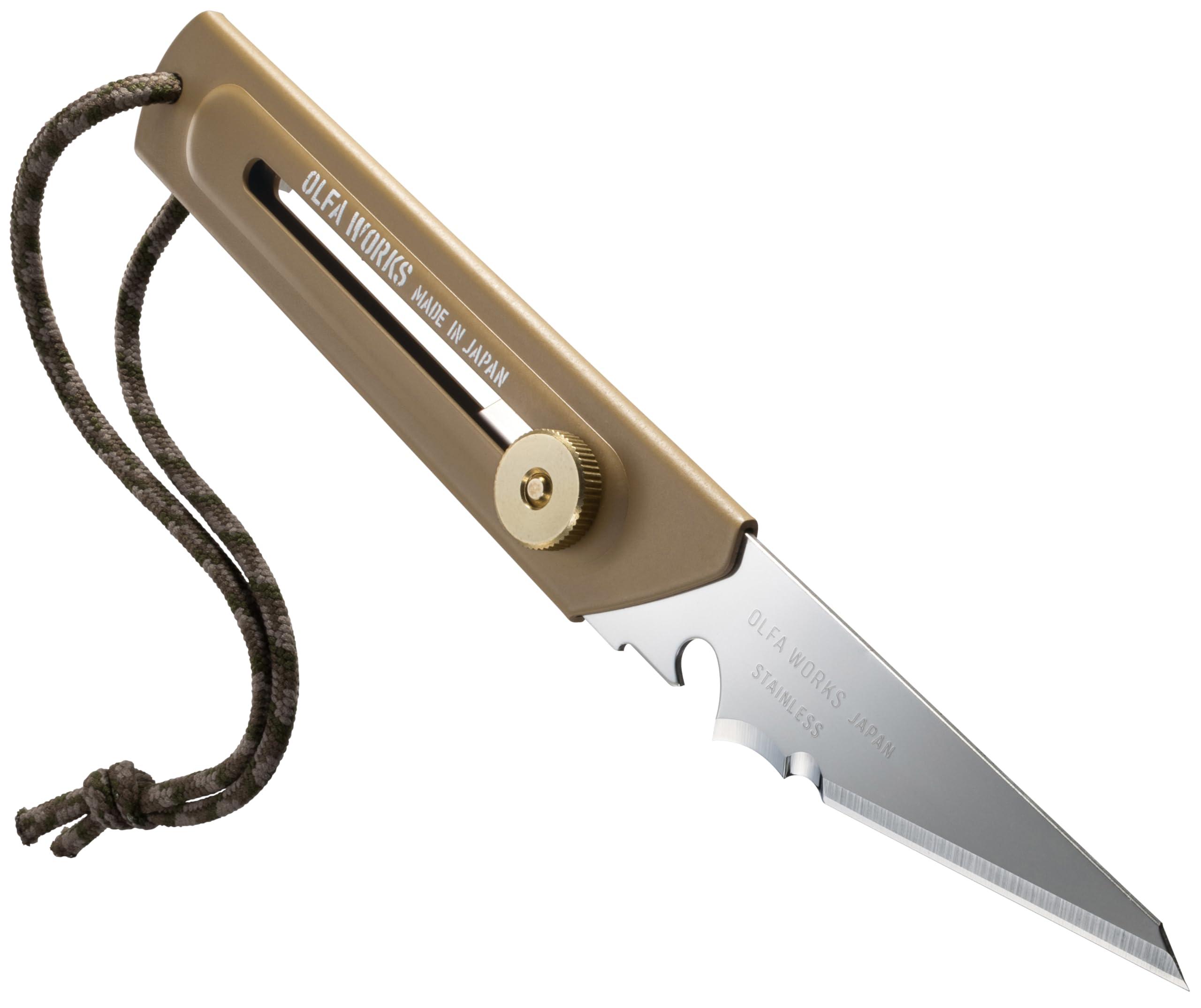 OLFA OLFA WORKS OW-UCK-1/SB Utility Camp Knife High Carbon Stainless Steel Blade - Multipurpose Outdoor Knife, Great for and Camping Activities - Brass Wheel Lock, Replacement Blade: OWB-UCB-1 (Sand)